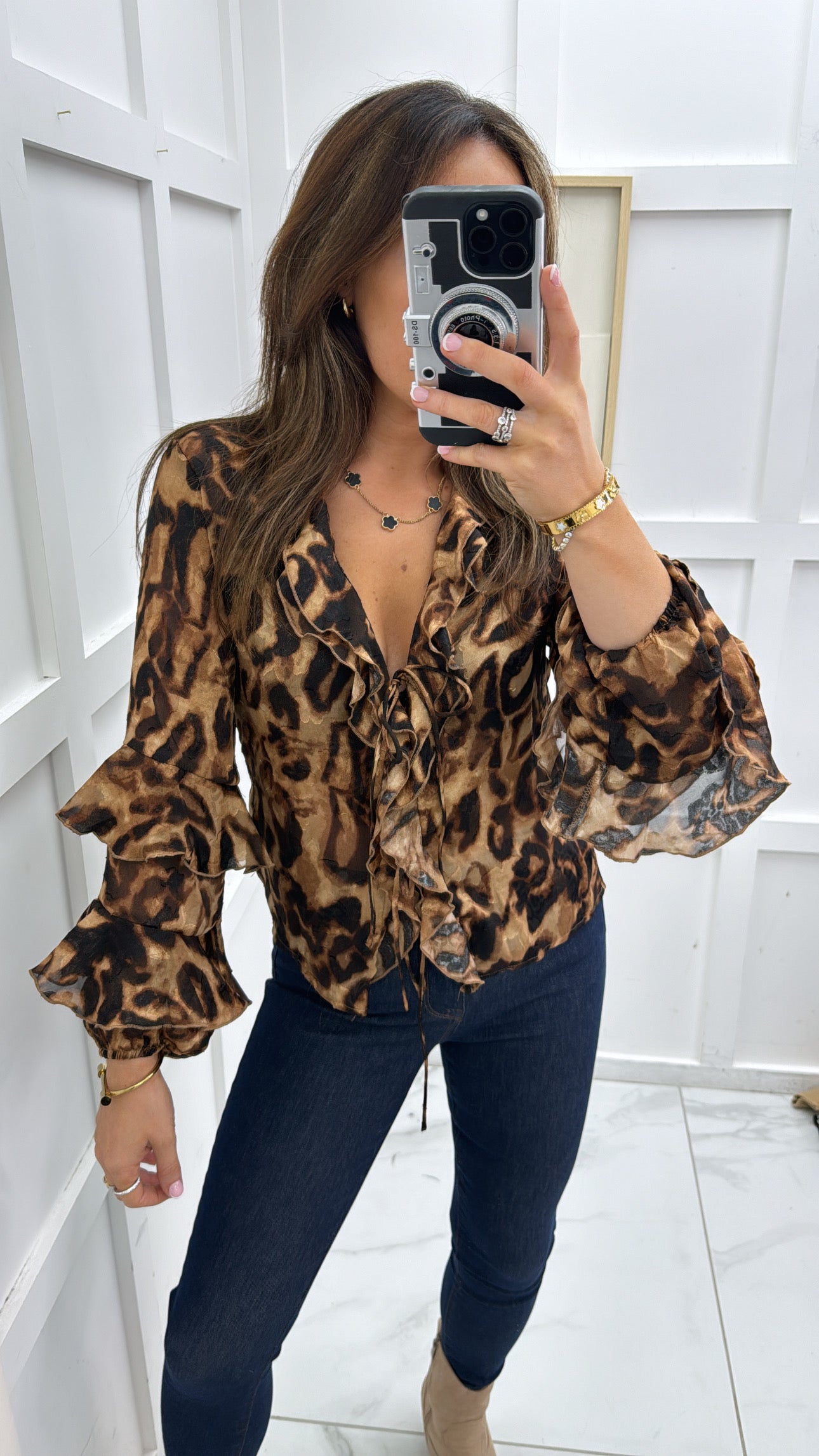 SERINA leopard print ruffle tie up blouse