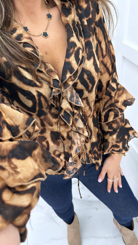 SERINA leopard print ruffle tie up blouse