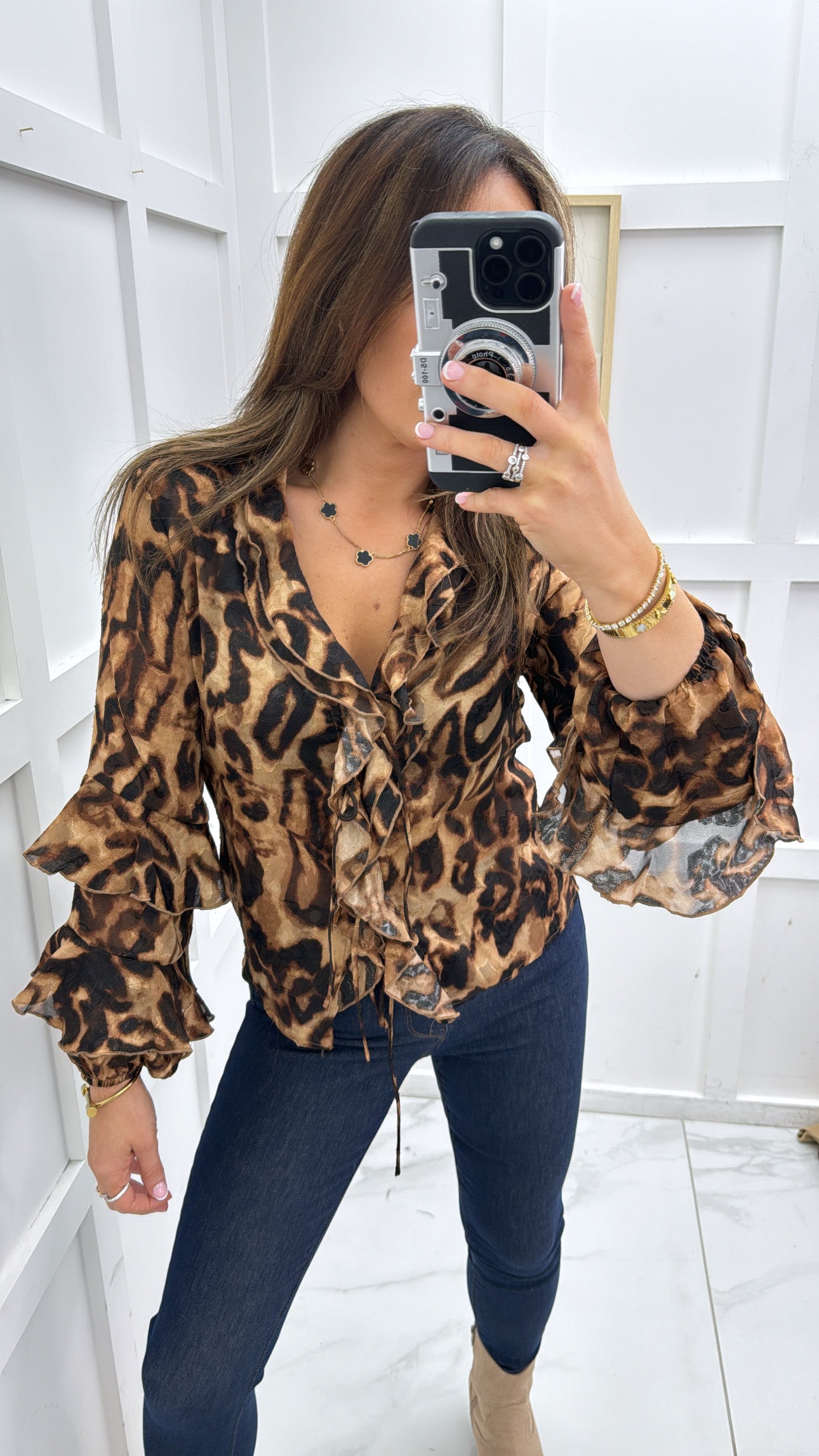 SERINA leopard print ruffle tie up blouse