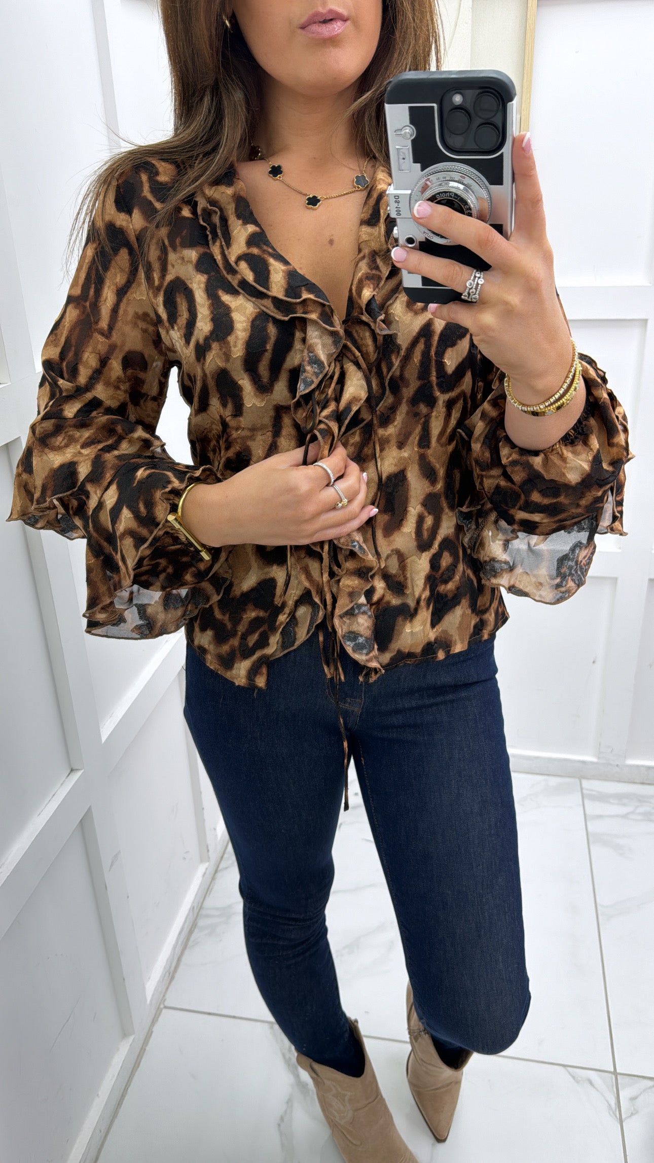 SERINA leopard print ruffle tie up blouse