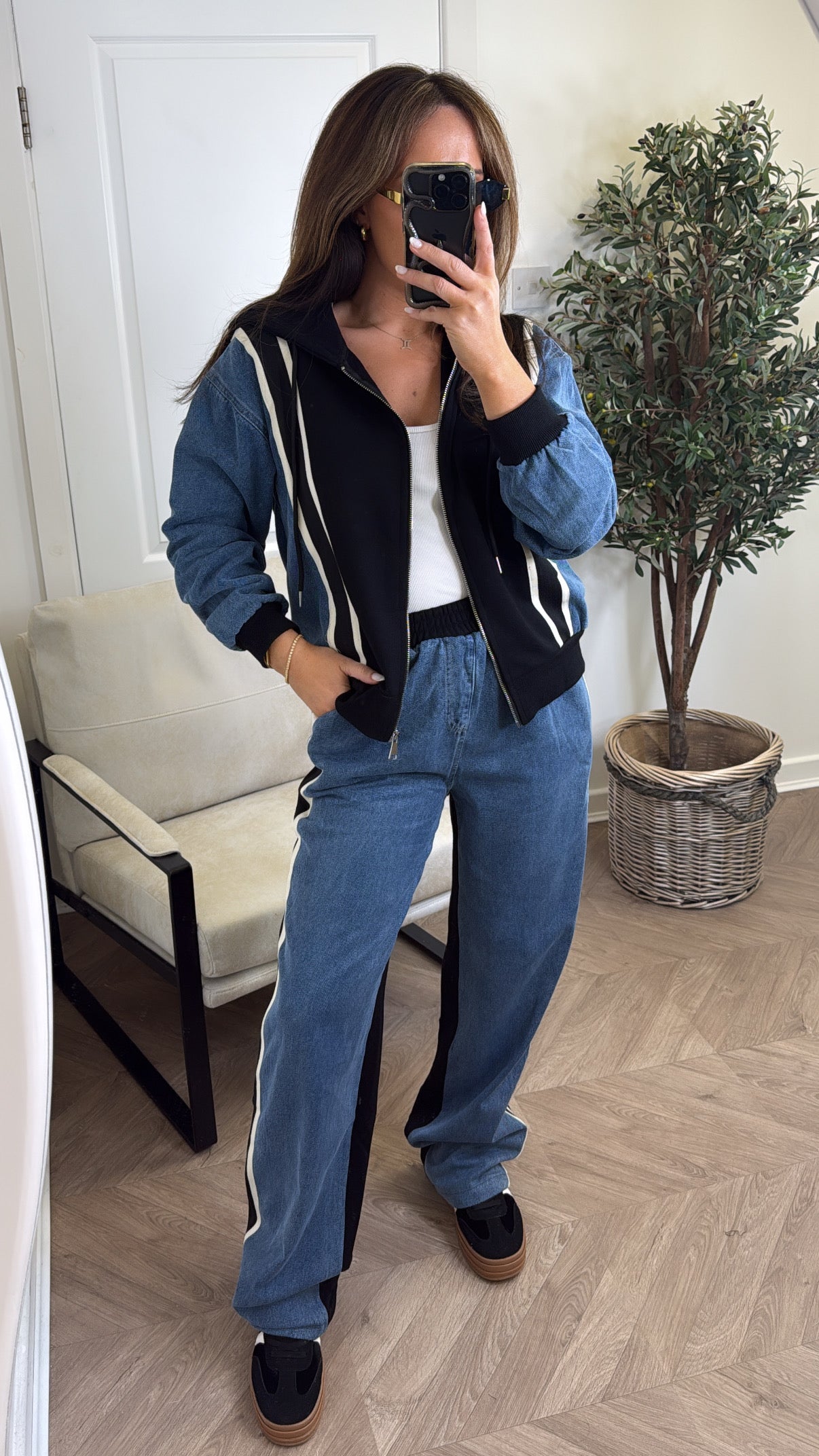 WILLOW black and denim contrast co-ord (LONGER LEG LENGTH)