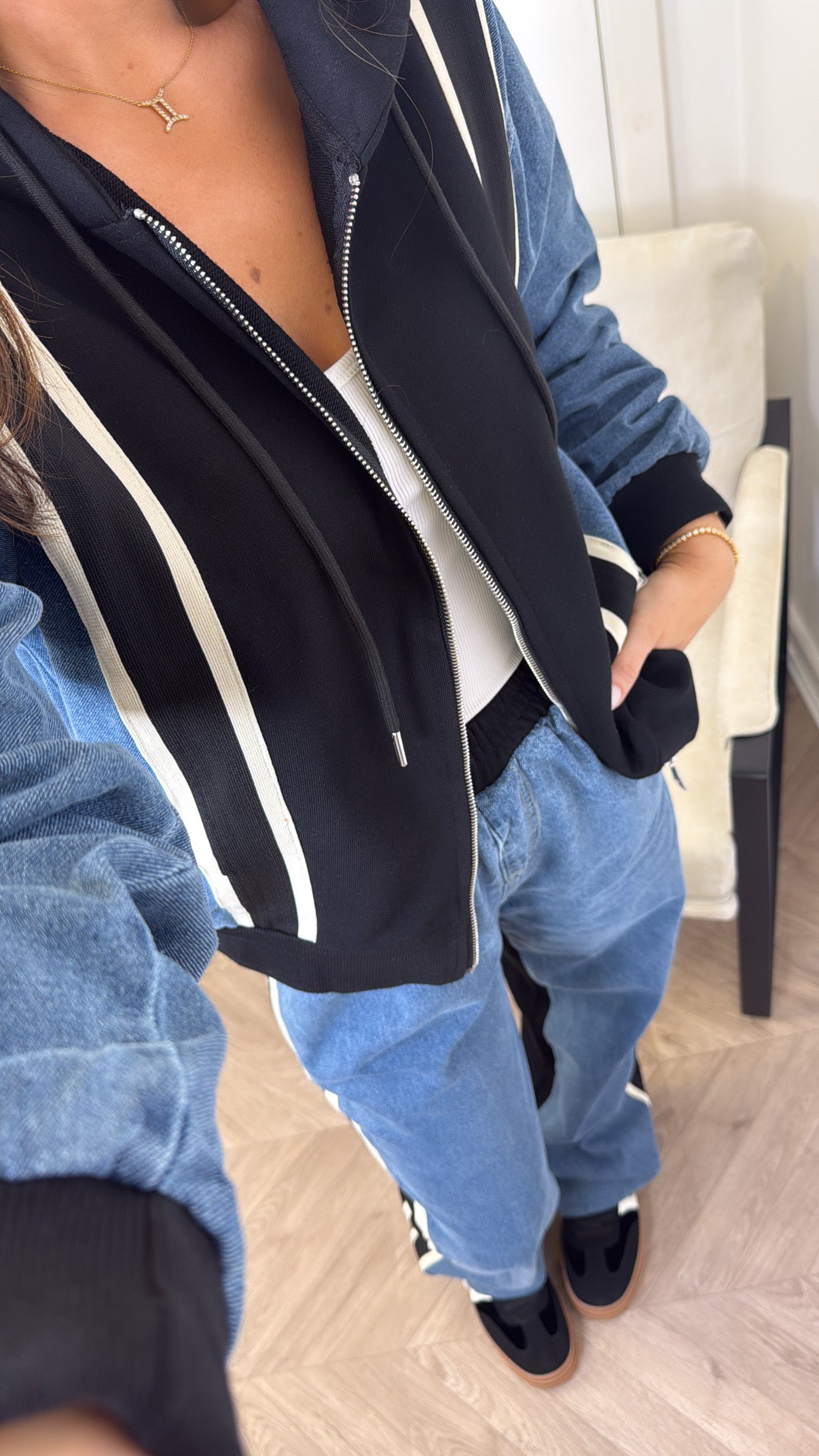 WILLOW black and denim contrast co-ord (LONGER LEG LENGTH)