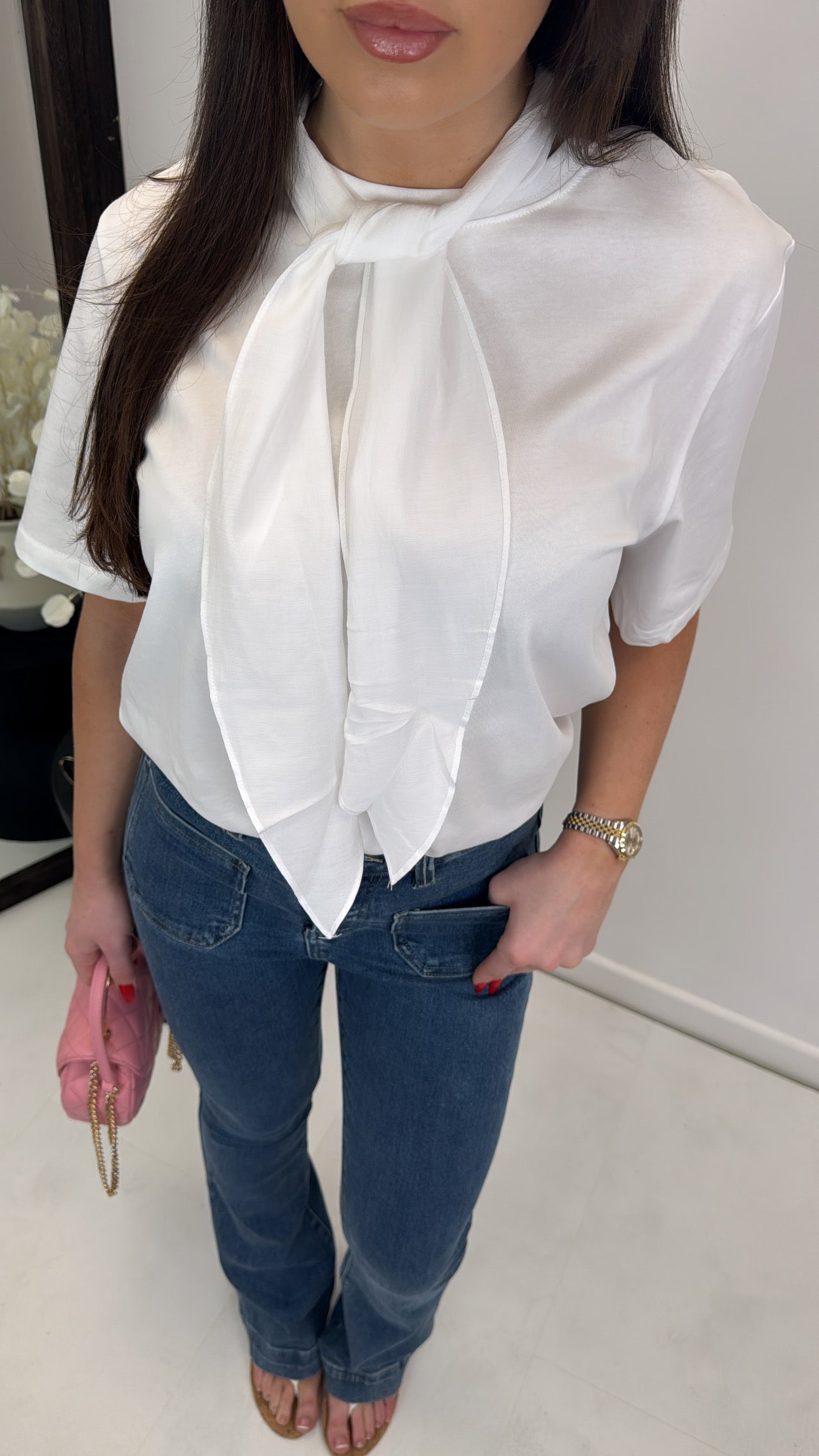 CARRIE white t-shirt with neck tie detail