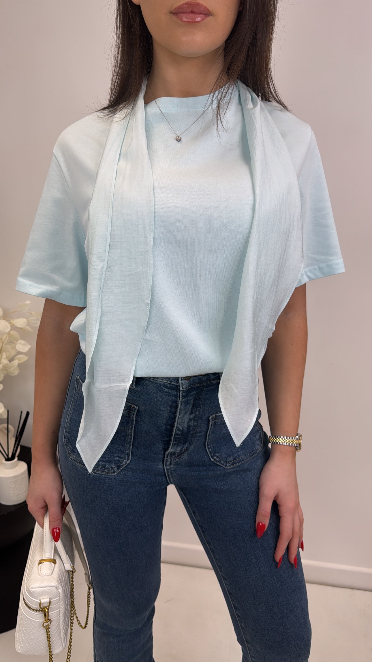 CARRIE blue t-shirt with neck tie detail