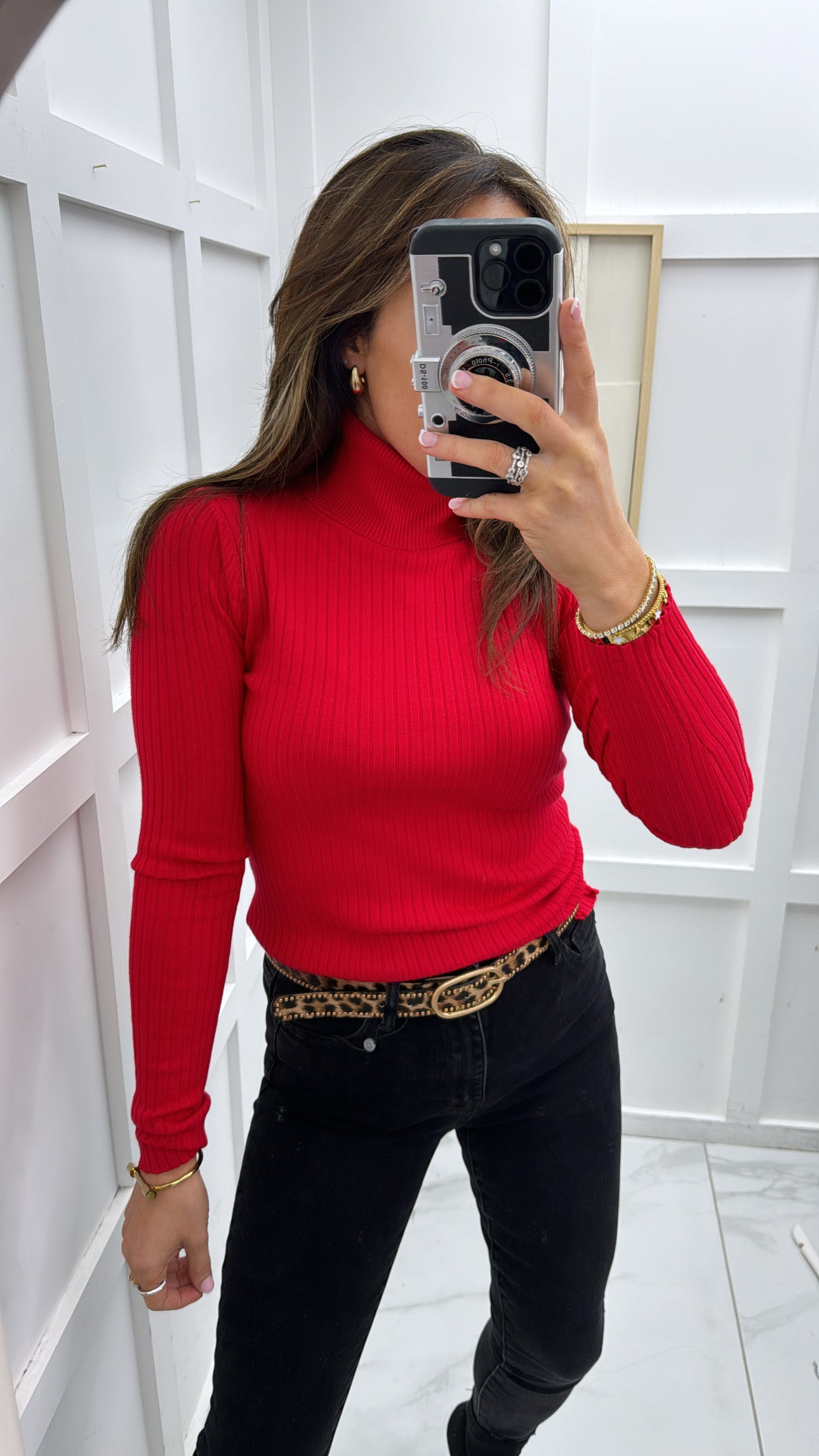 FIONA red ribbed polo neck top