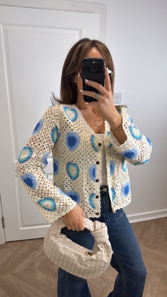 EVE cream and blue crochet cardigan