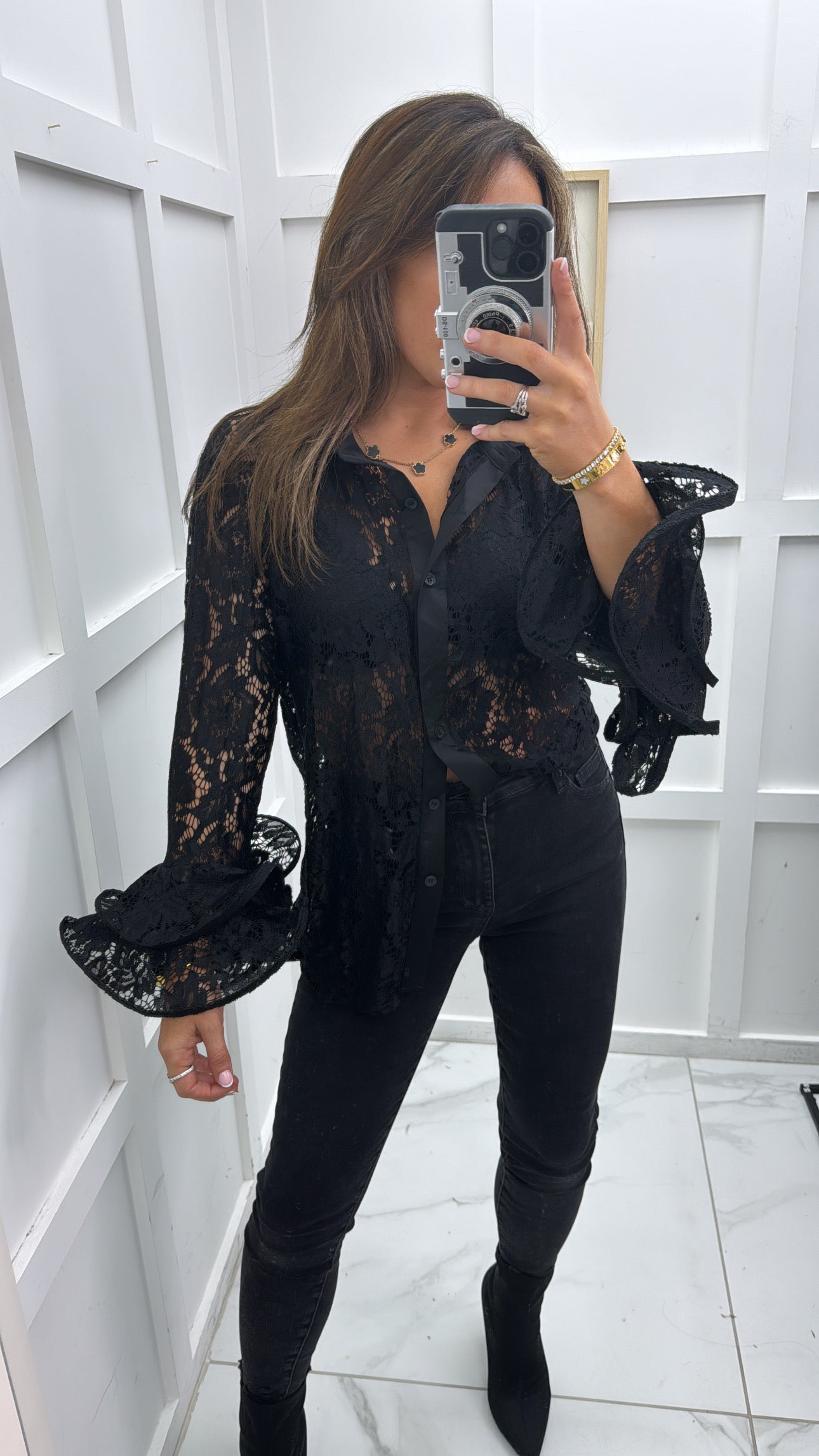 KEISHA black lace blouse with frill sleeves