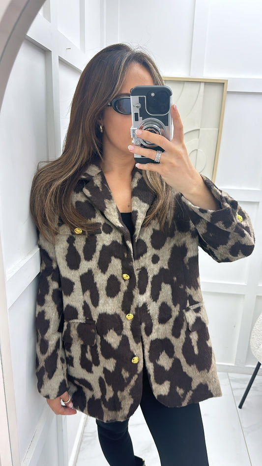 COURTNEY brown leopard print blazer with gold buttons