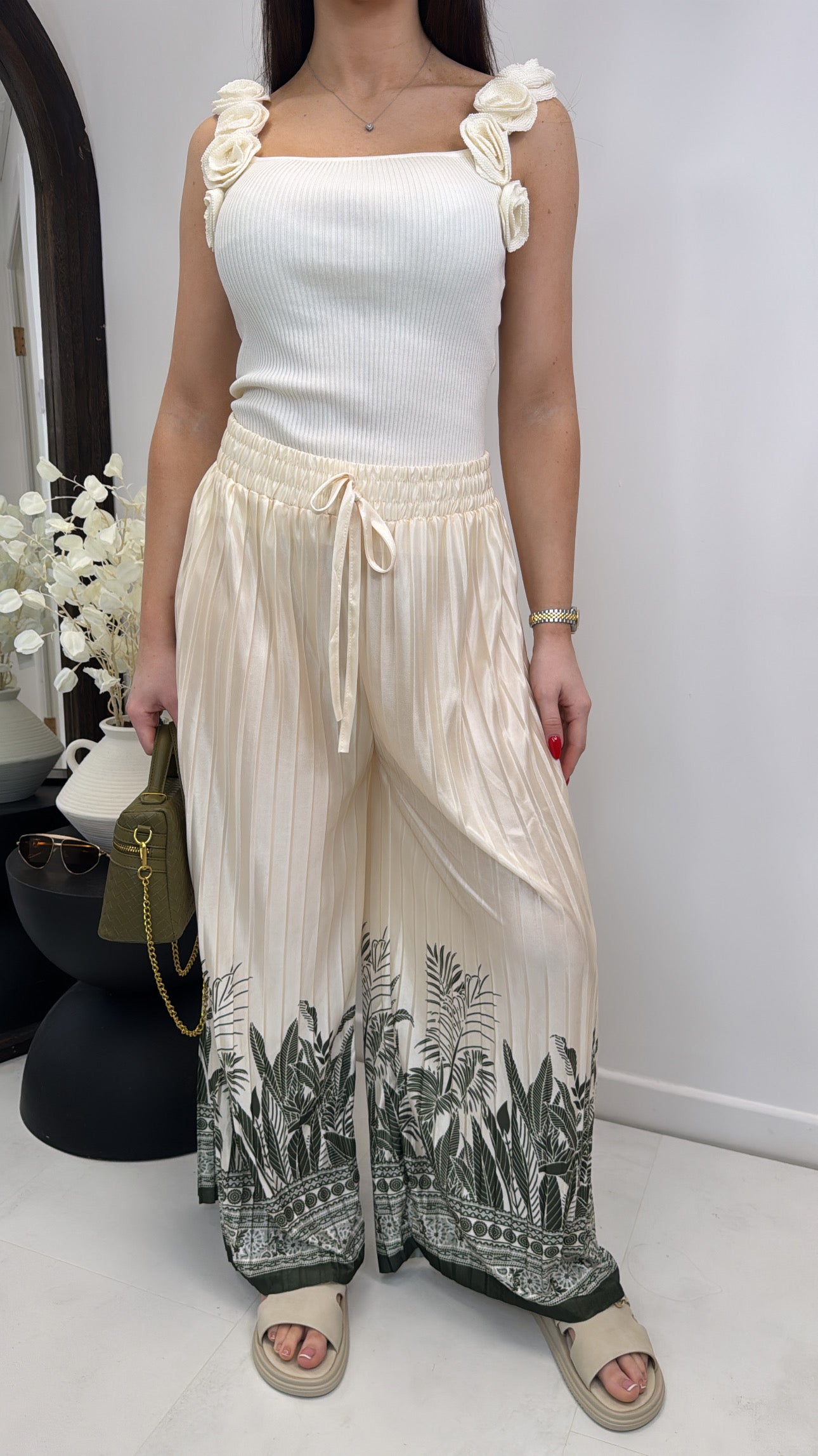 LIA khaki and cream palazzo trousers
