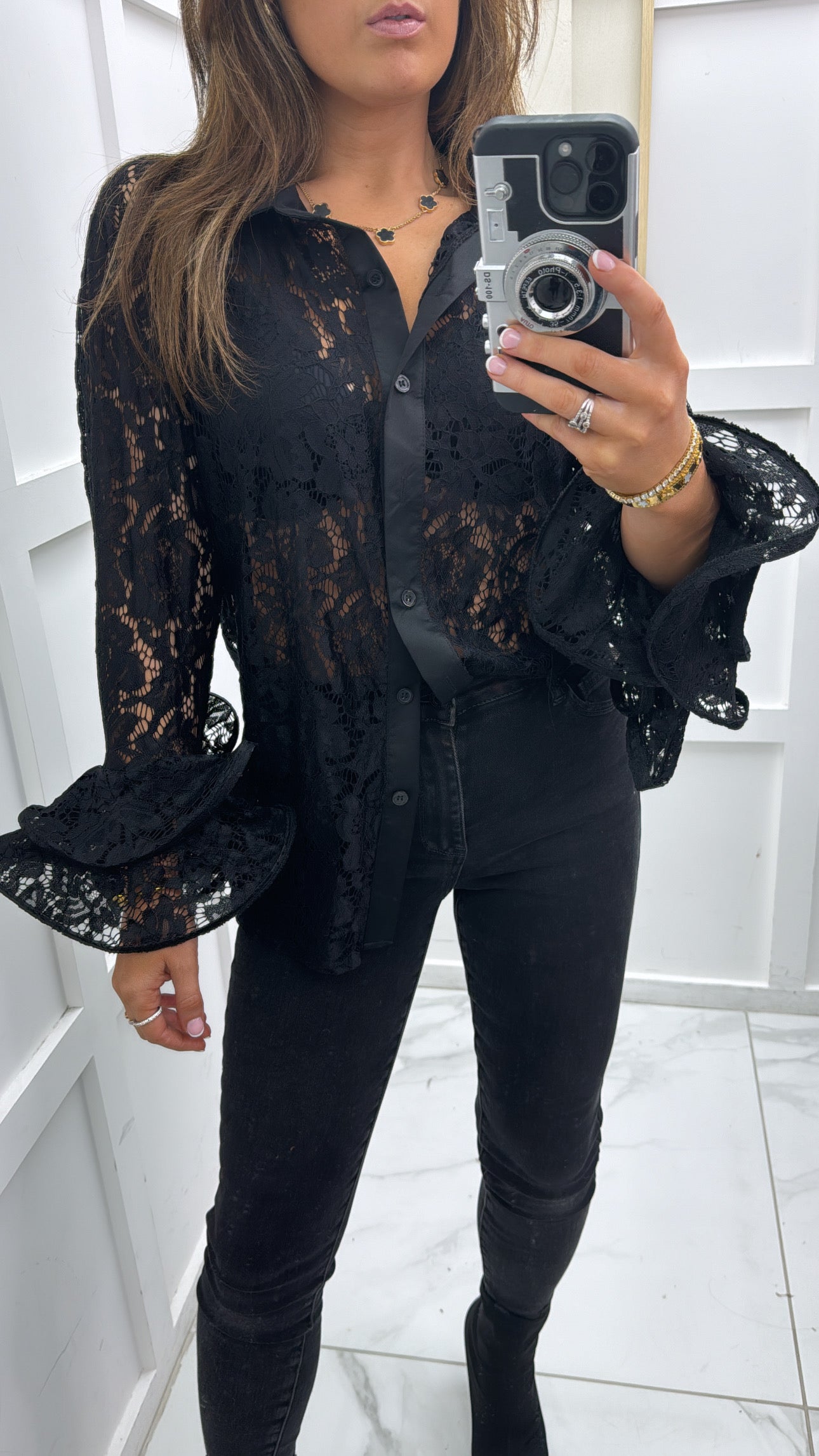 KEISHA black lace blouse with frill sleeves