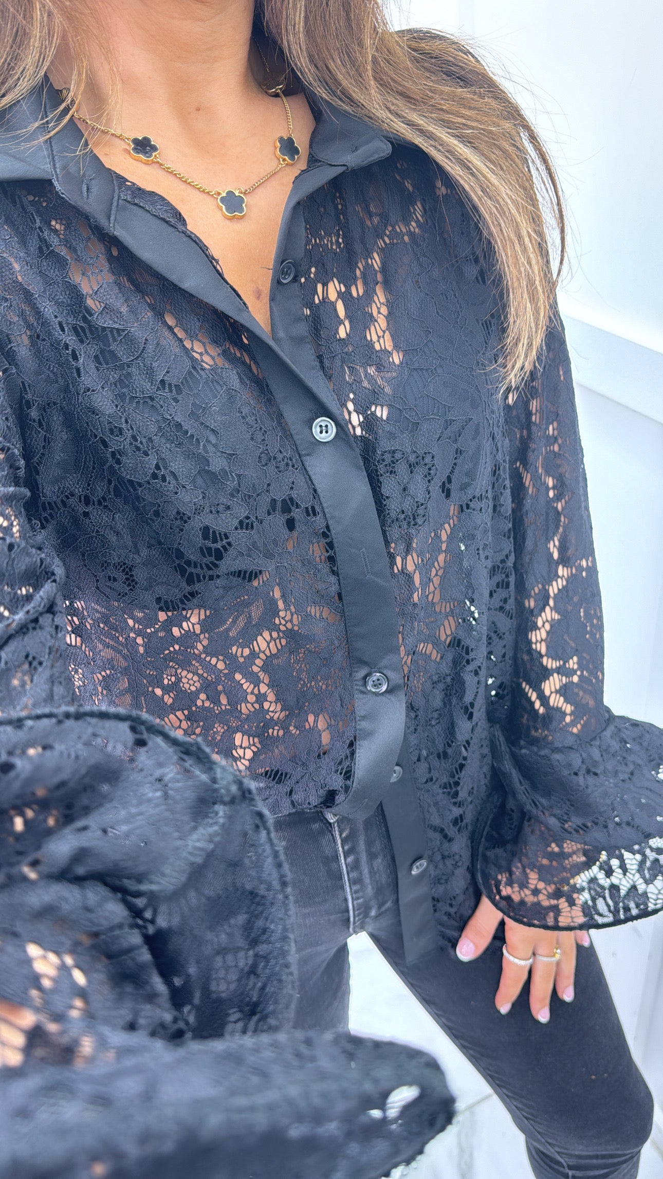 KEISHA black lace blouse with frill sleeves