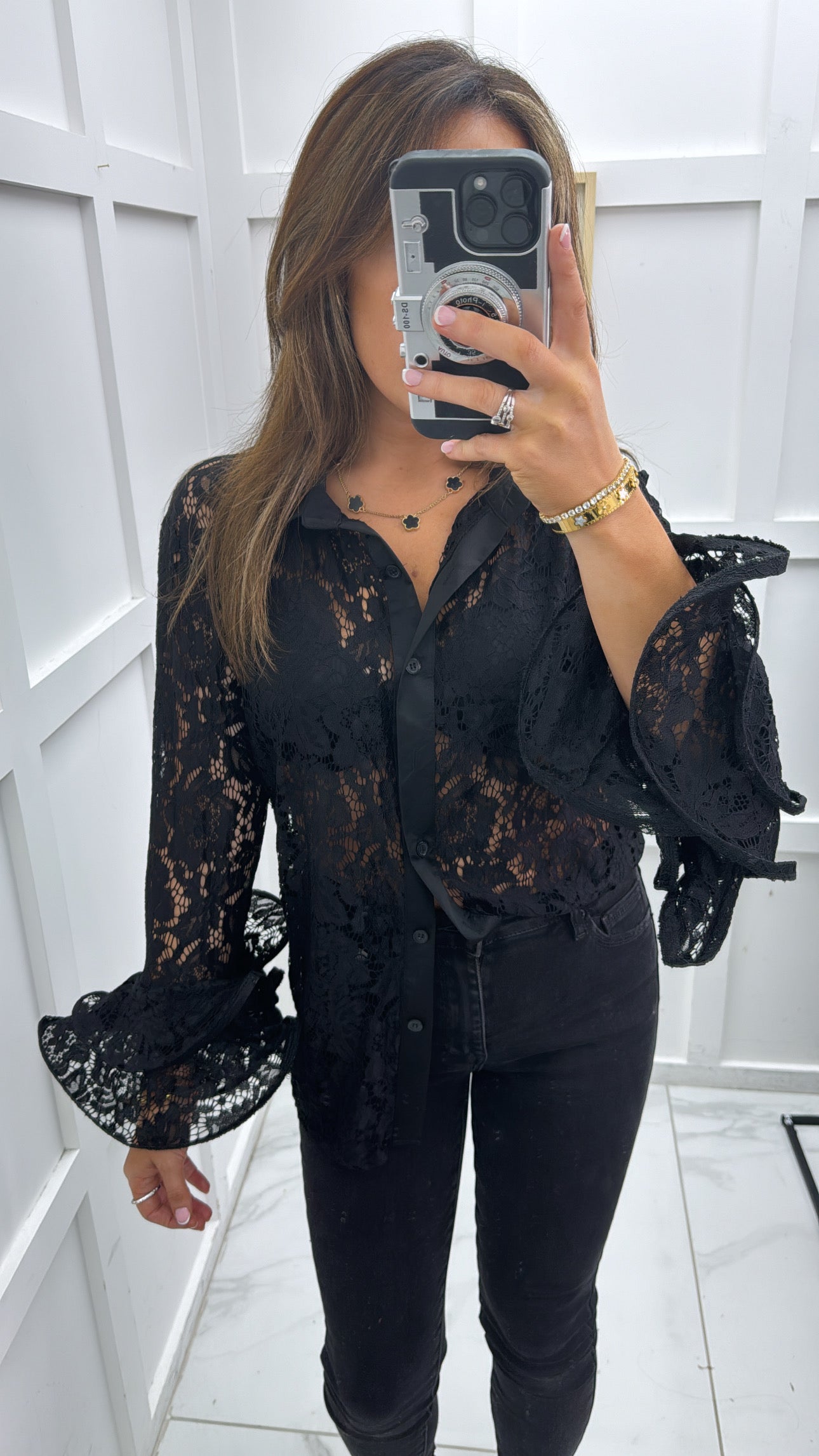 KEISHA black lace blouse with frill sleeves