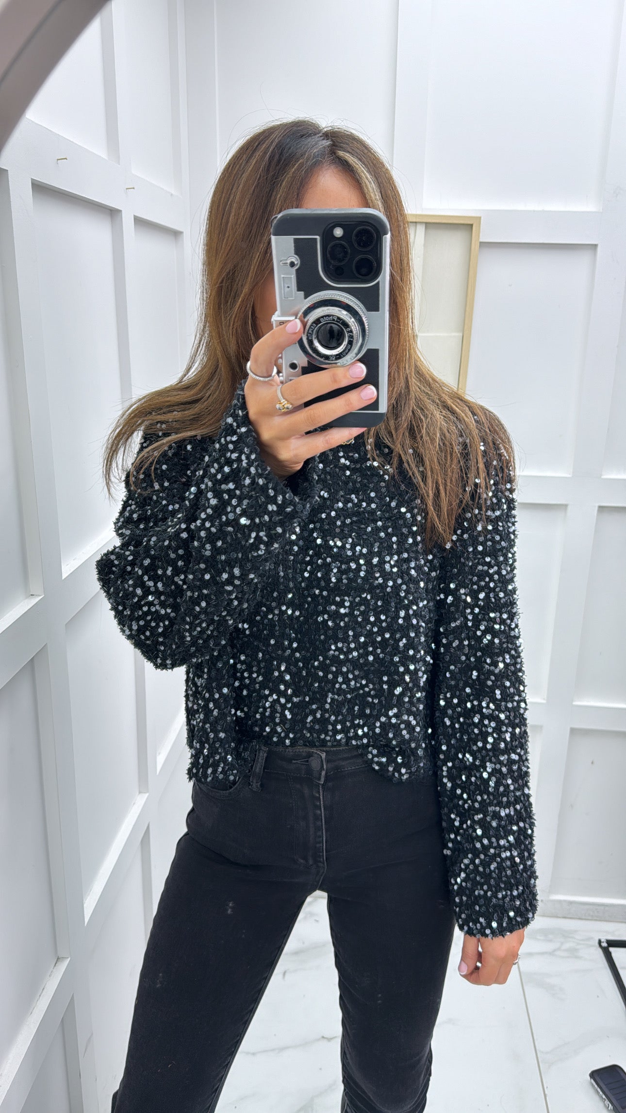 ELOISE black sequin detail long sleeve top