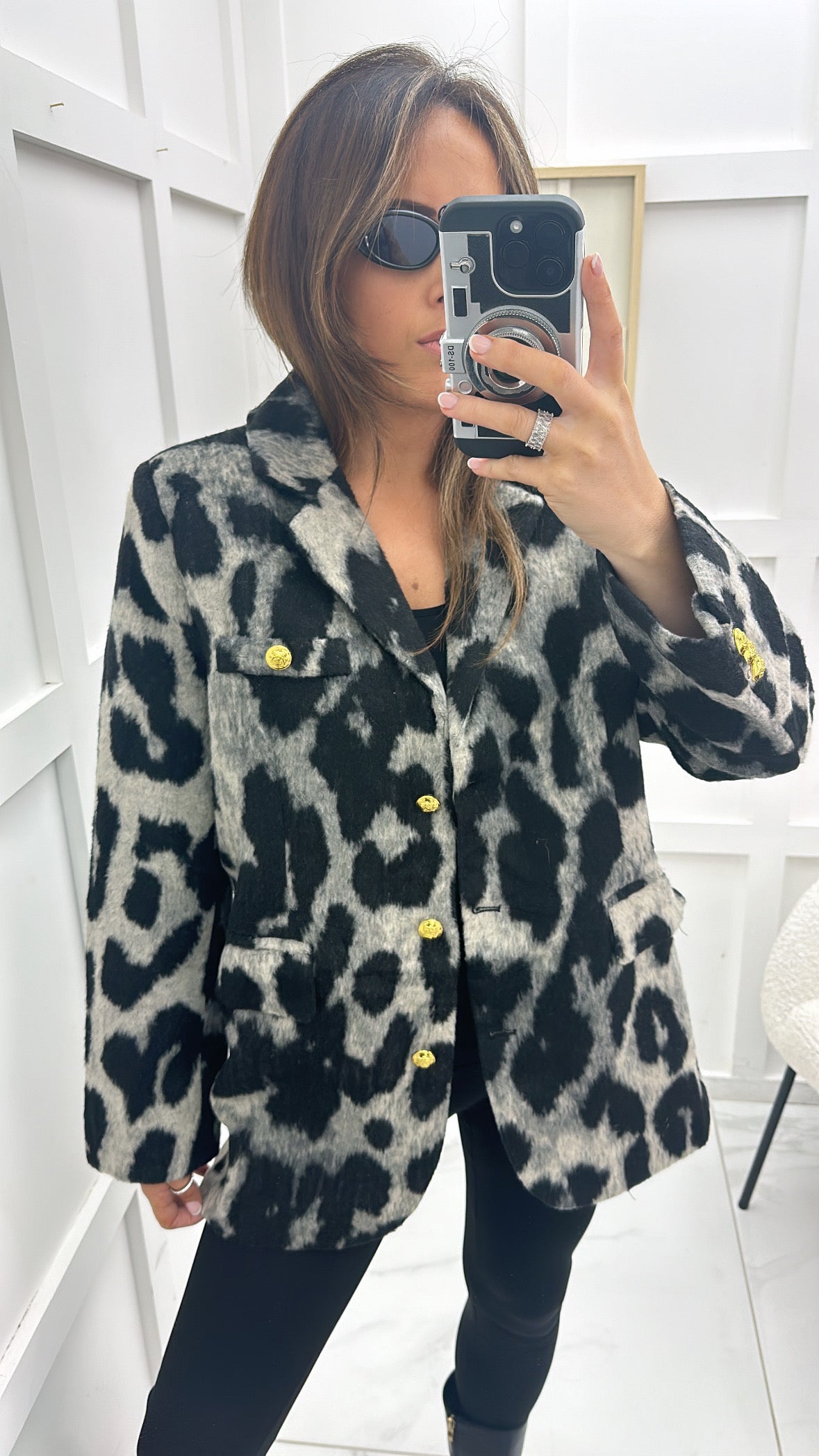 COURTNEY grey leopard print blazer with gold buttons