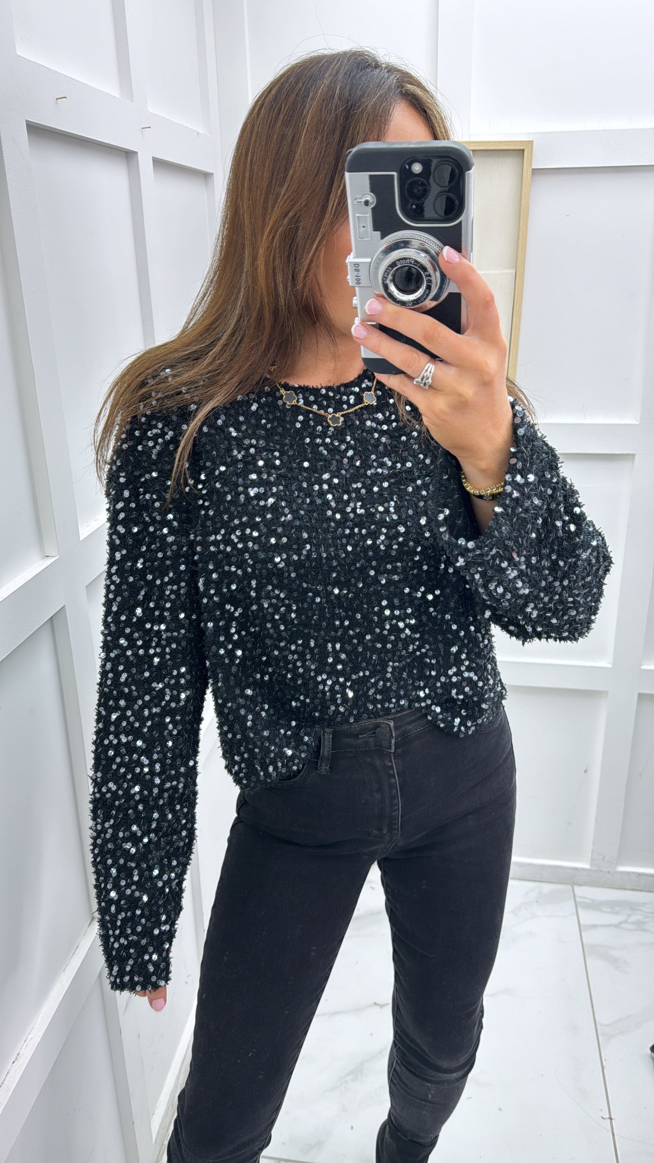 ELOISE black sequin detail long sleeve top