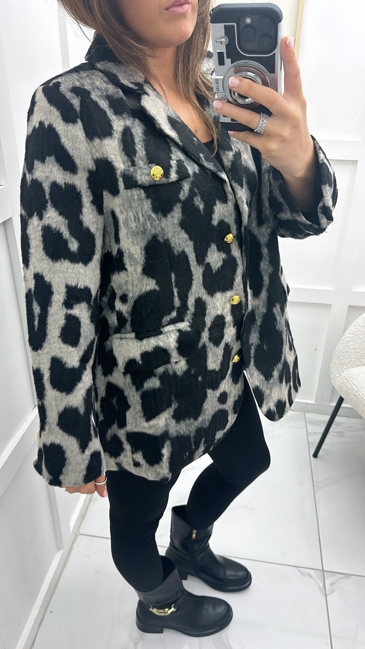 COURTNEY grey leopard print blazer with gold buttons