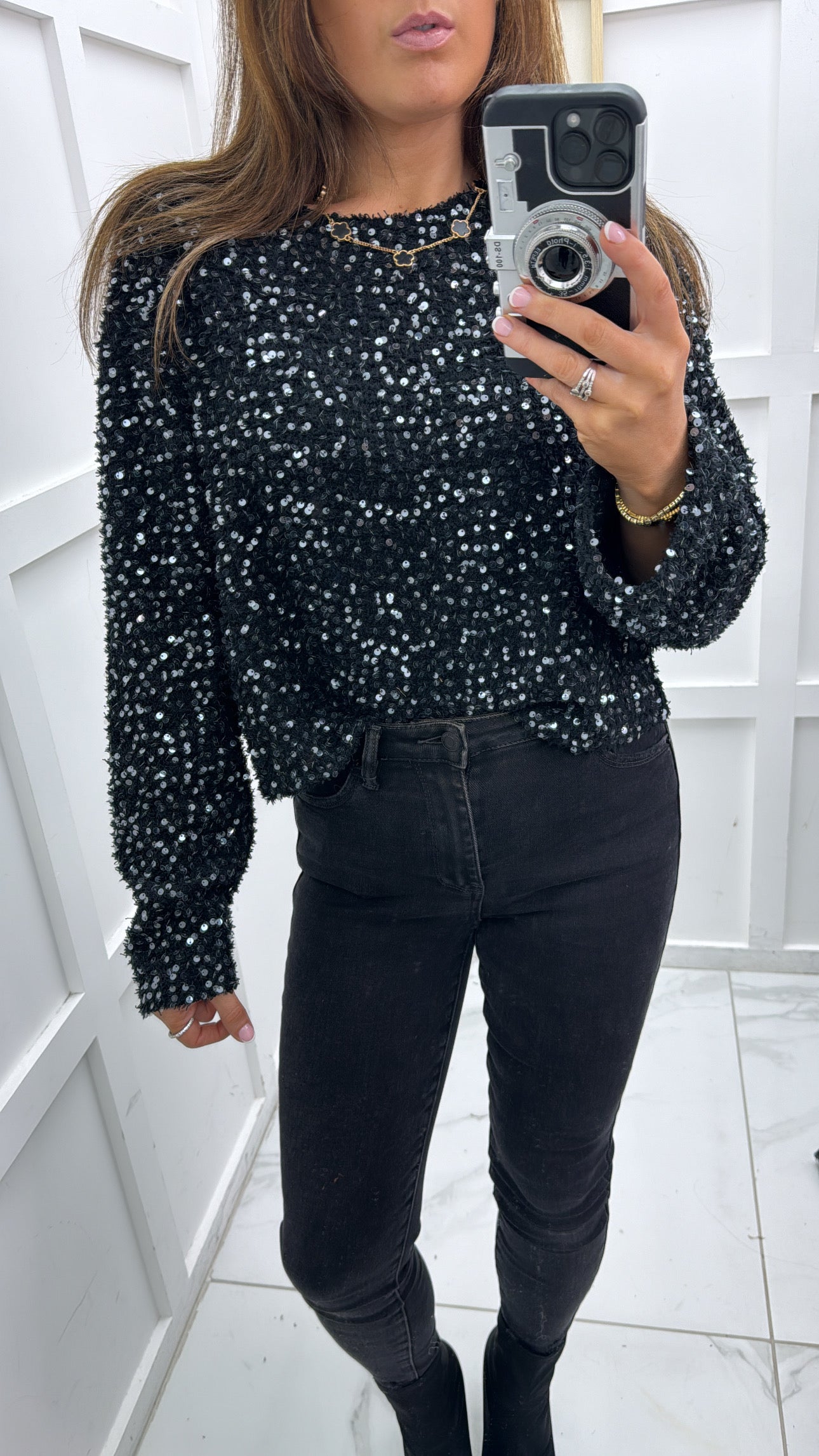 ELOISE black sequin detail long sleeve top