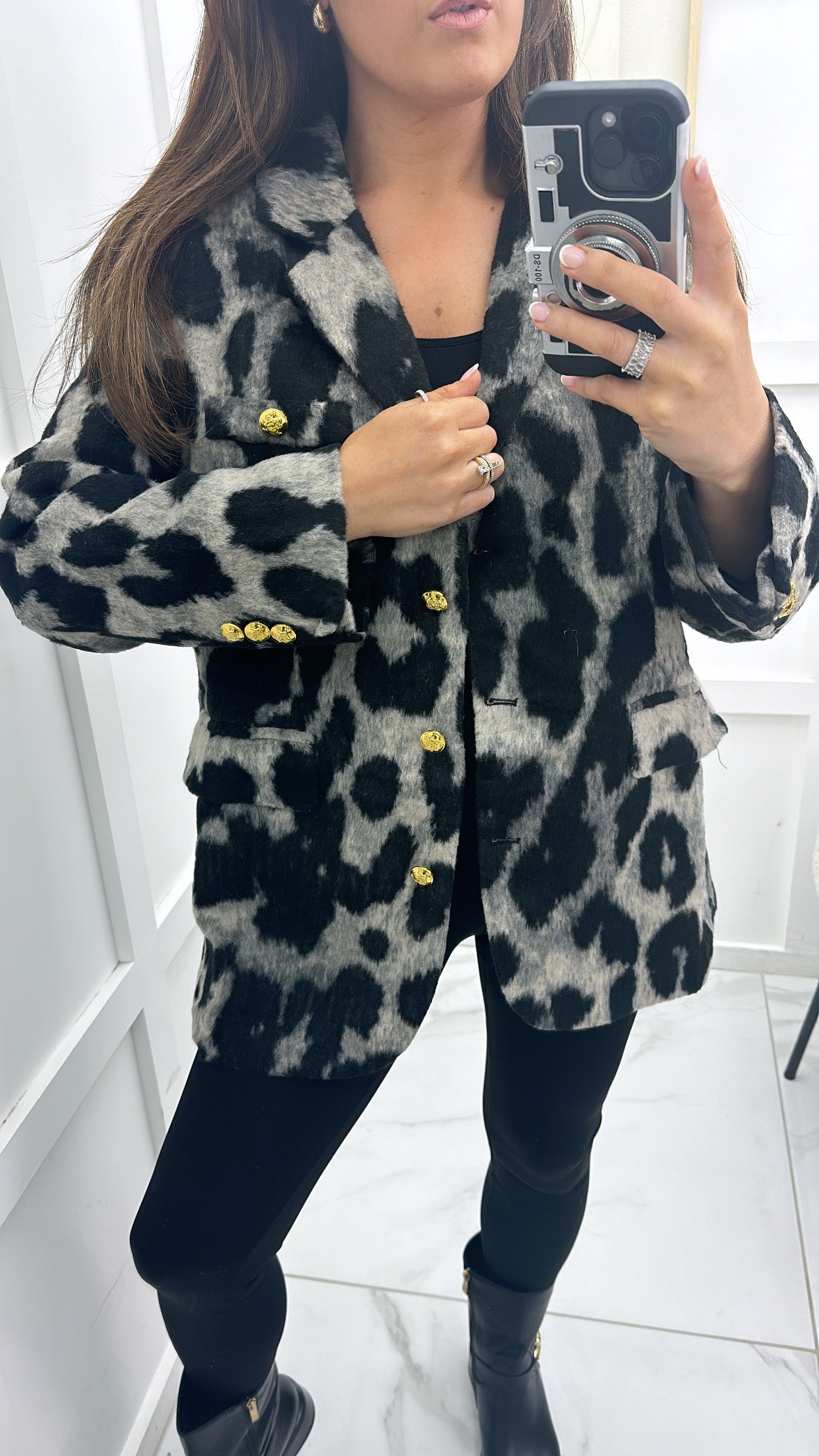 COURTNEY grey leopard print blazer with gold buttons