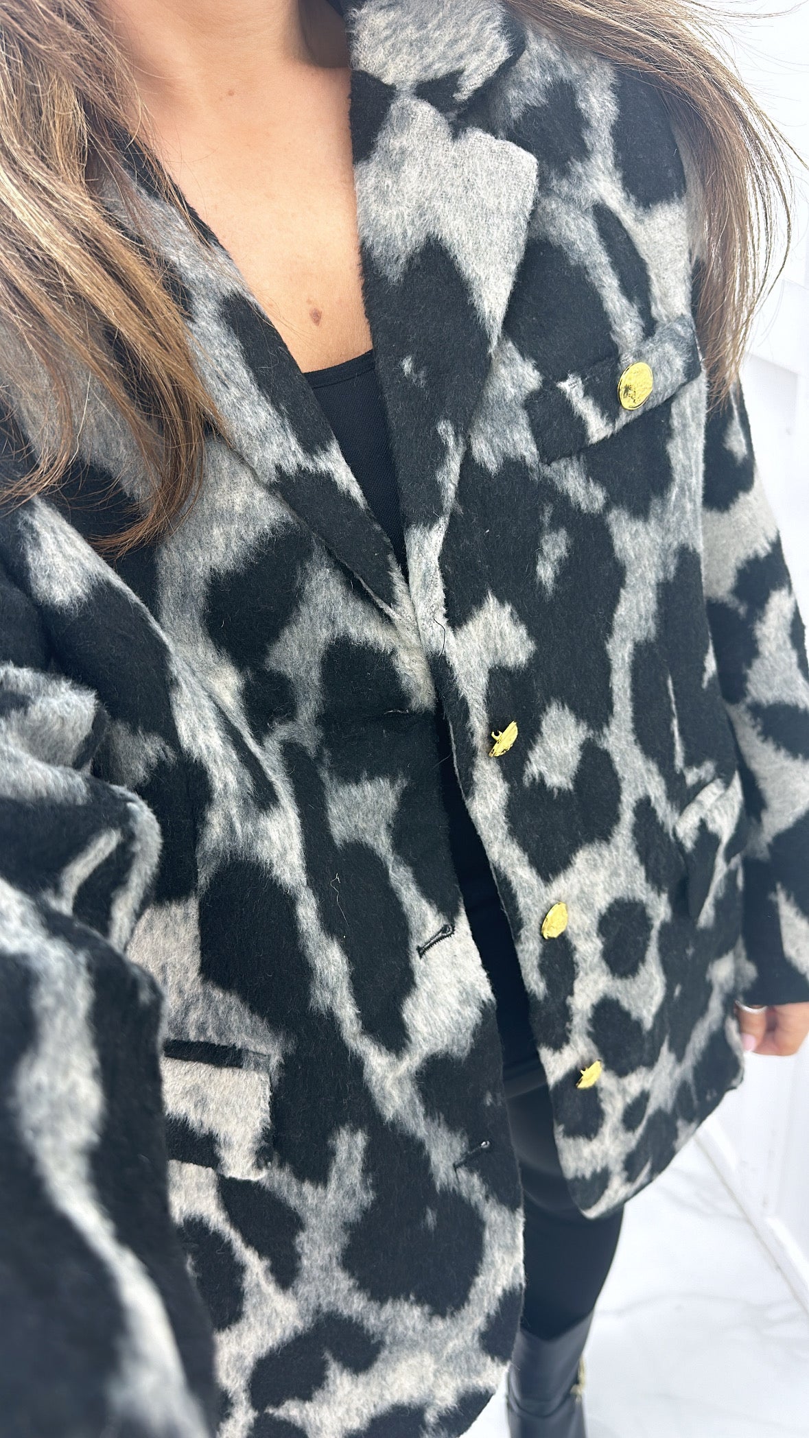 COURTNEY grey leopard print blazer with gold buttons