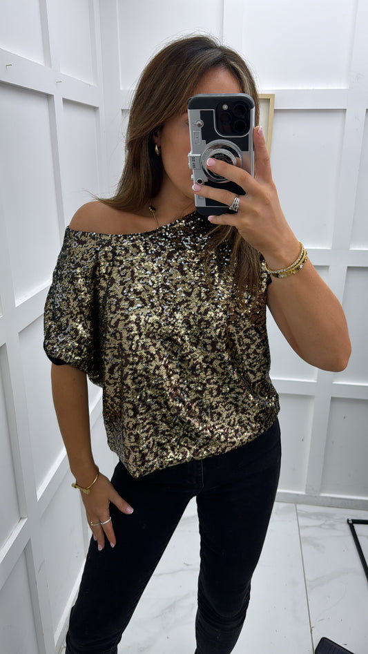 LARISA gold sequin leopard print top