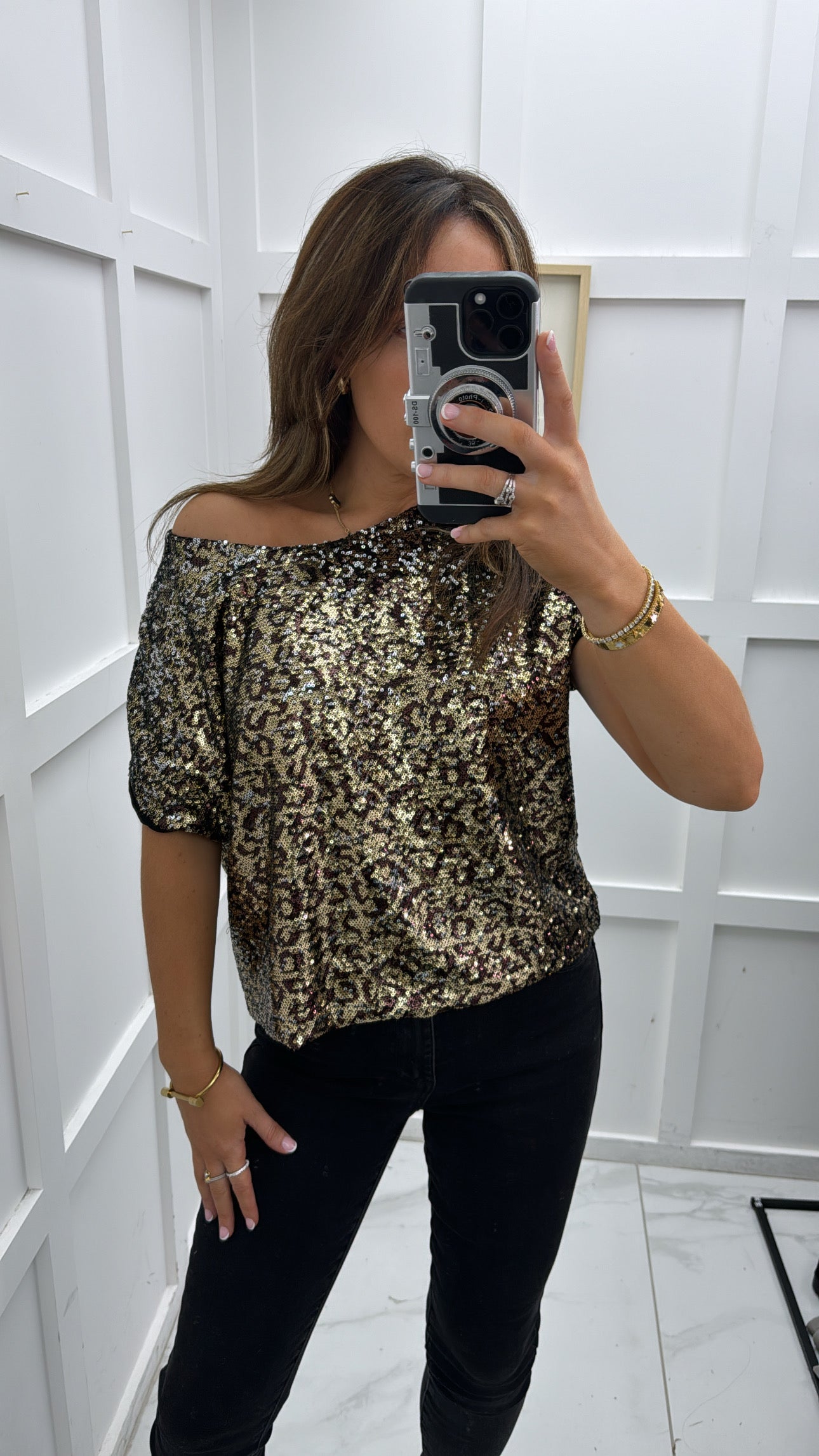 LARISA gold sequin leopard print top