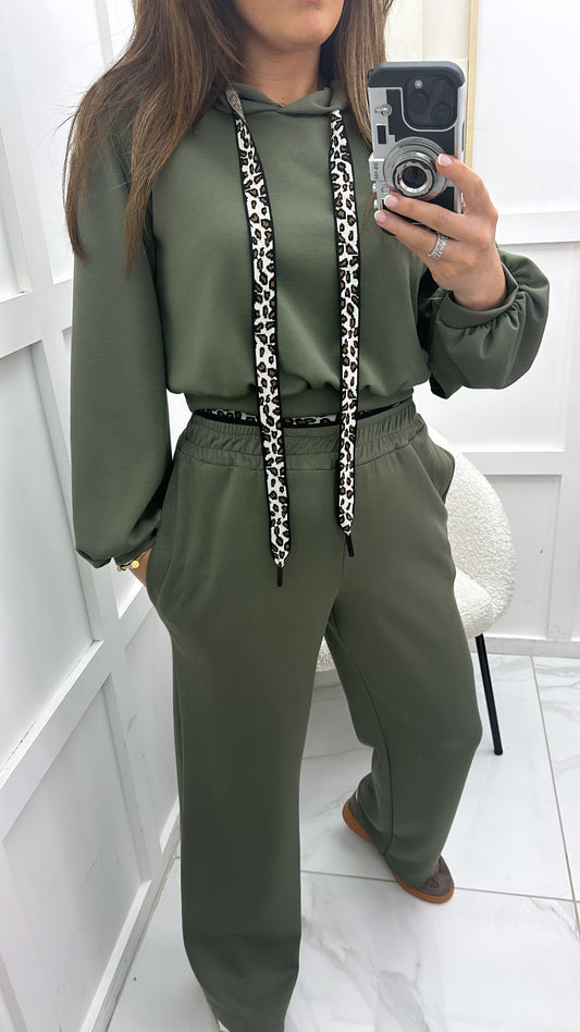 POLLY khaki with leopard drawstring hoody and joggers lounge set