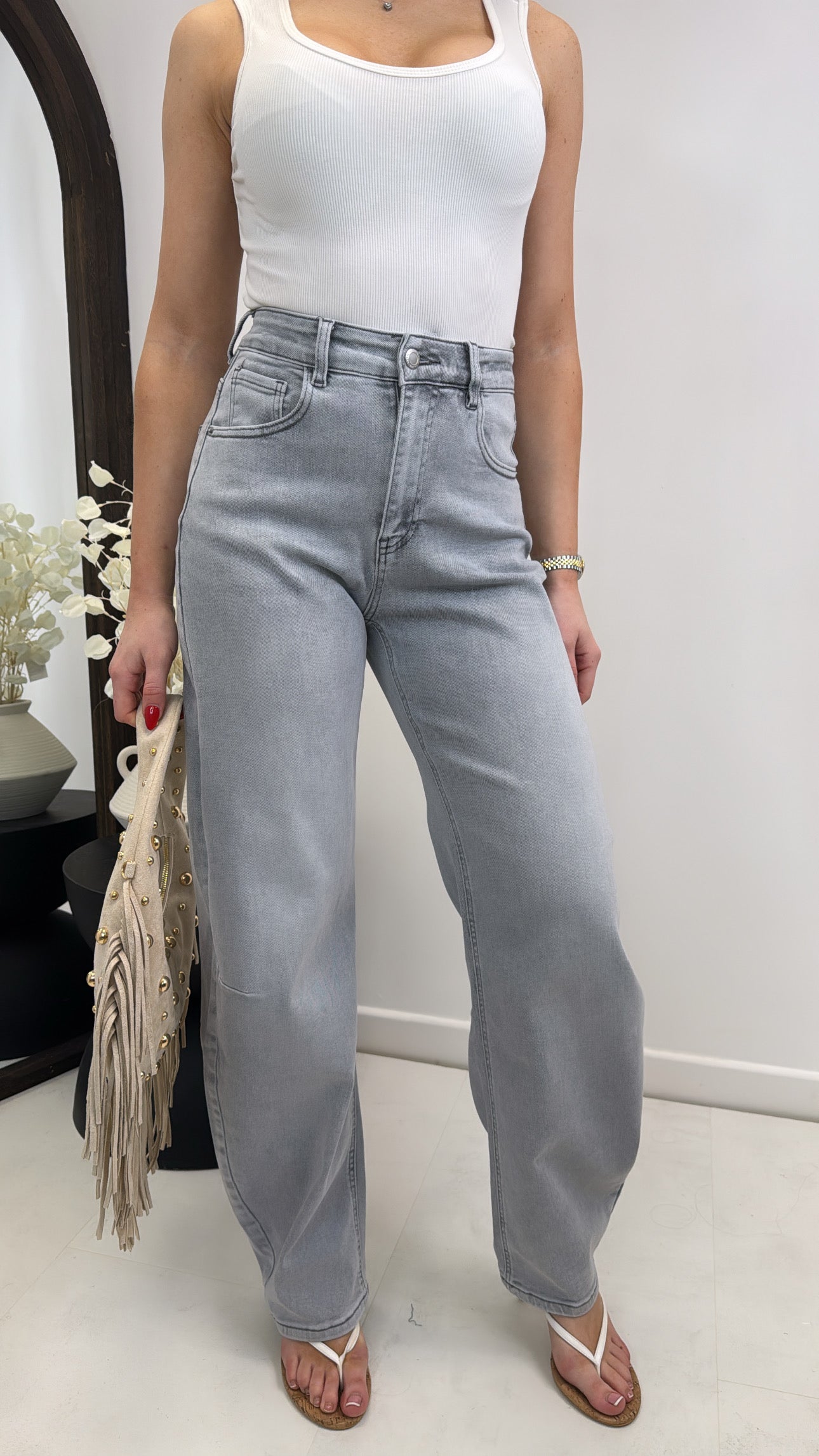 GINA washed grey barrel leg denim jeans