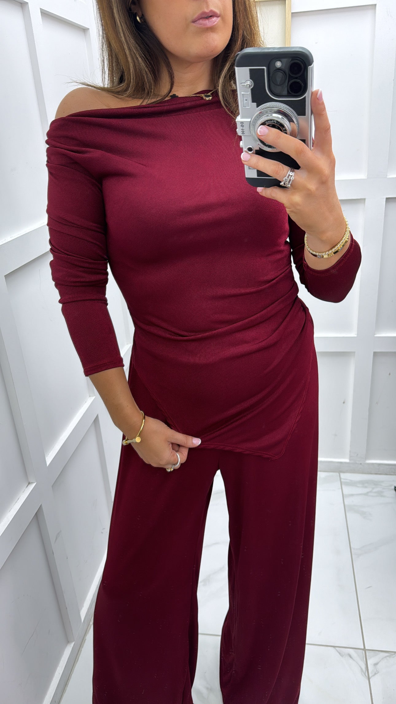 PRIYA burgundy lurex top and trousers co-ord set