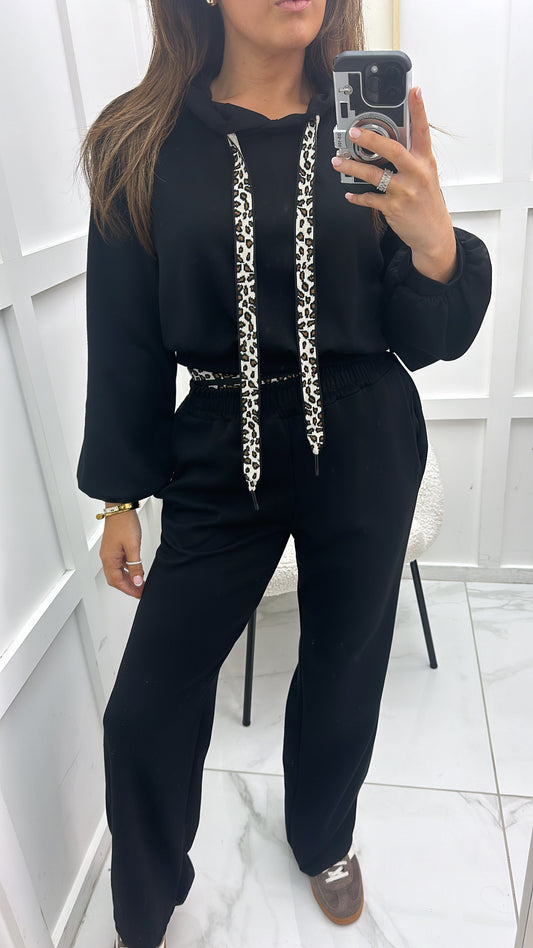 POLLY black with leopard drawstring hoody and joggers lounge set