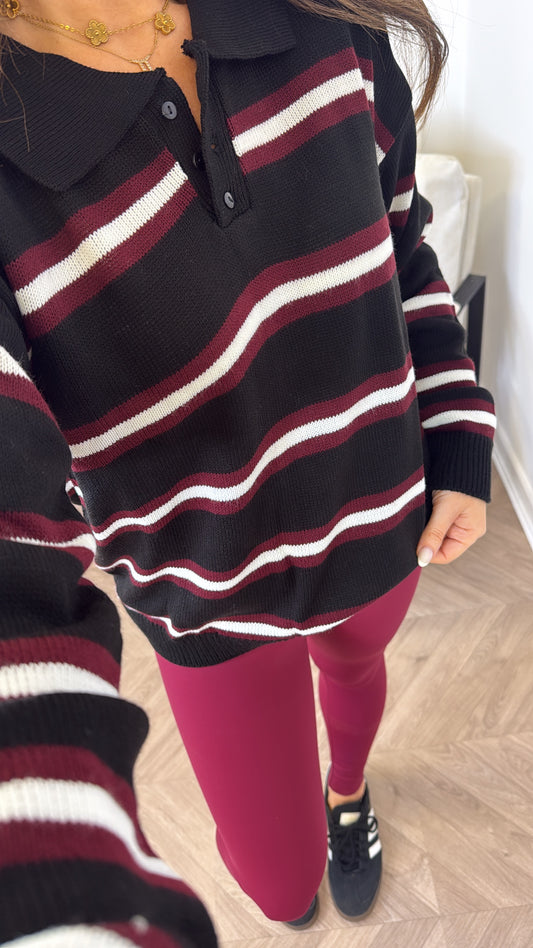 LOUISE black stripe knitted rugby jumper