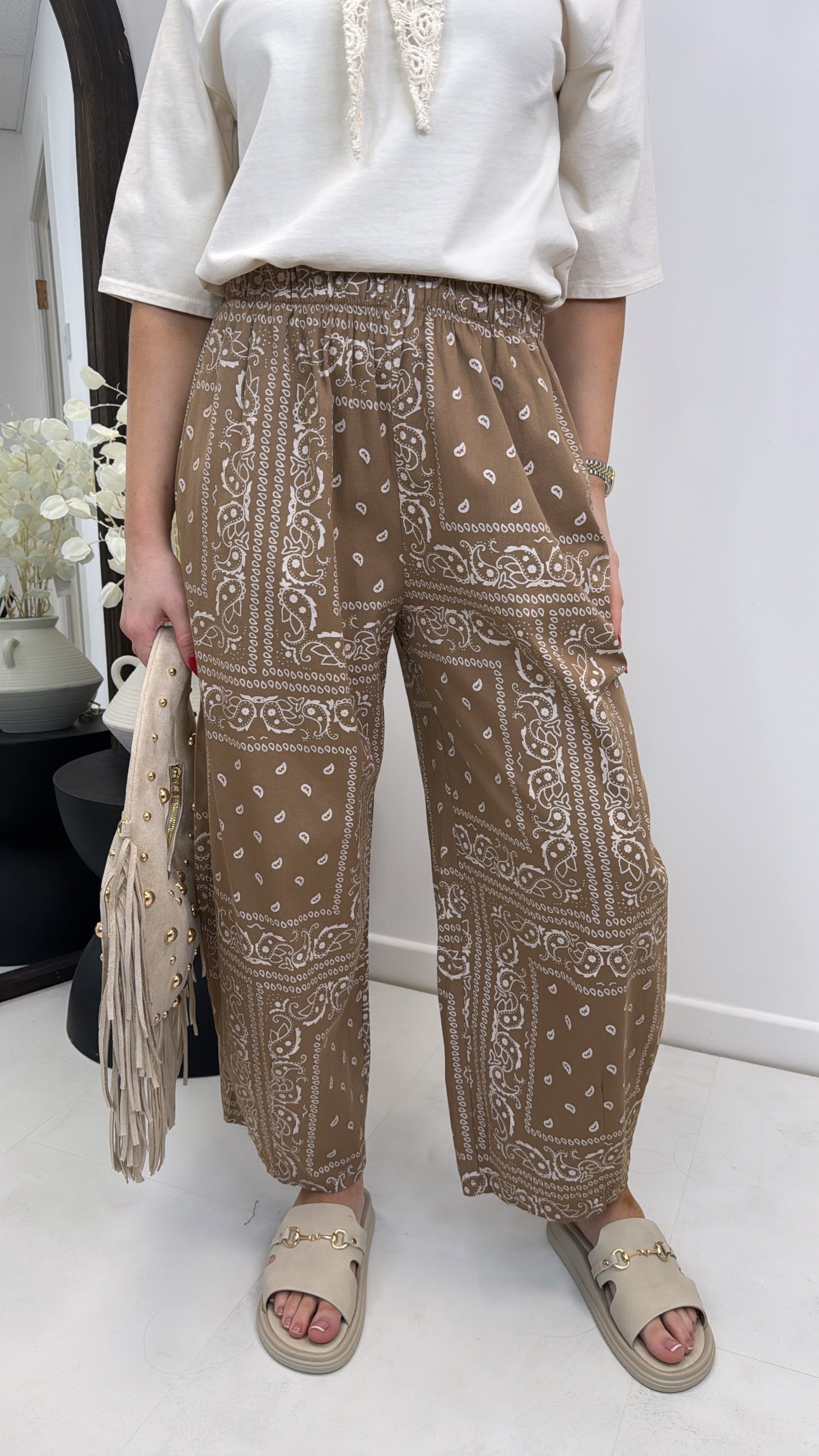 SERENITY taupe bandana paisley print relaxed trousers