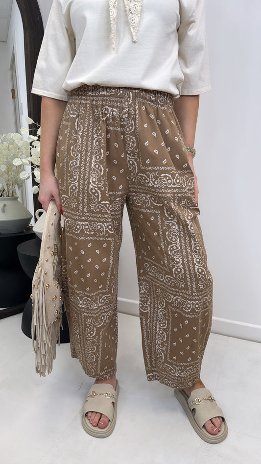SERENITY taupe bandana paisley print relaxed trousers