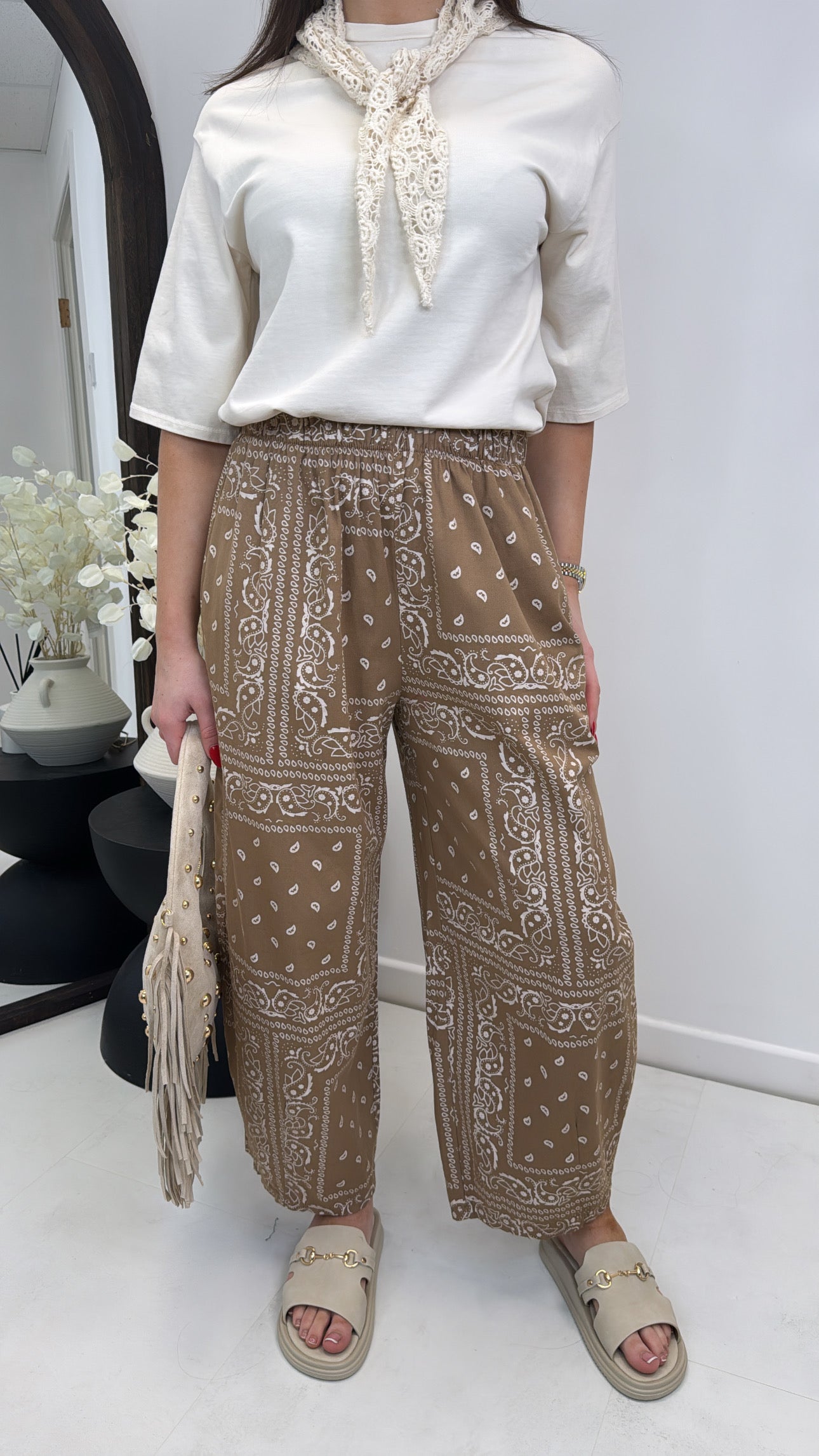 SERENITY taupe bandana paisley print relaxed trousers
