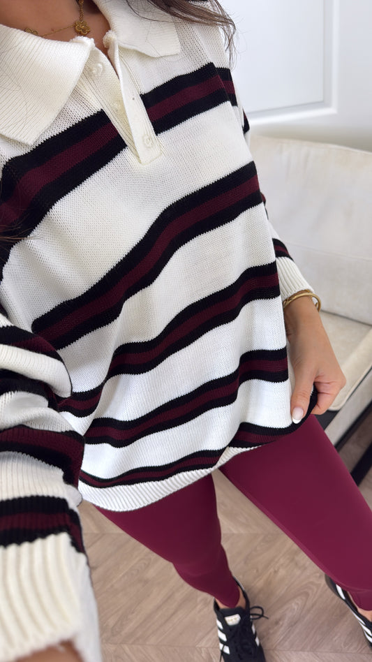 LOUISE cream stripe knitted rugby jumper