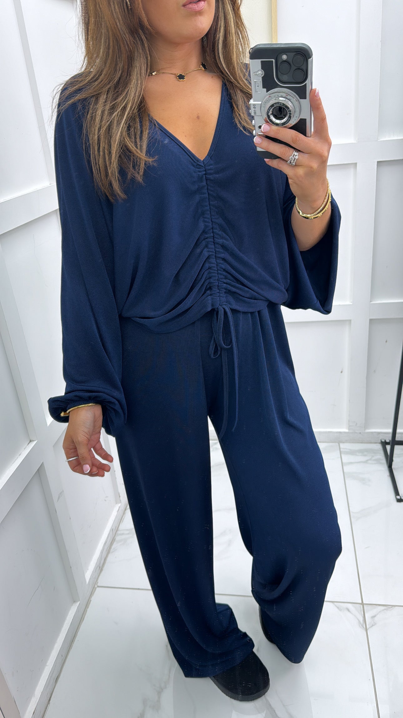 LANA navy ruched draped co-ord