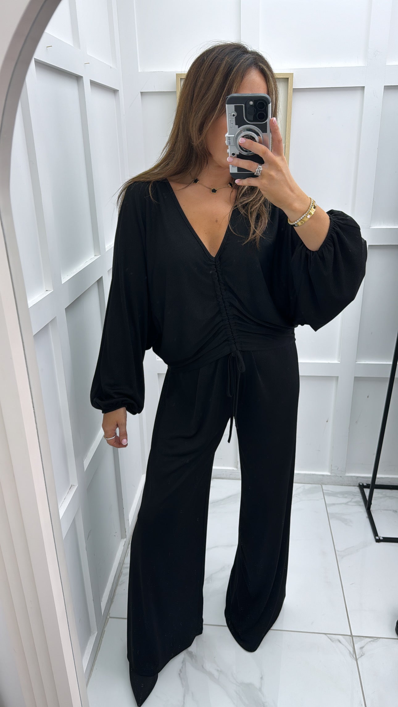 LANA black ruched draped co-ord