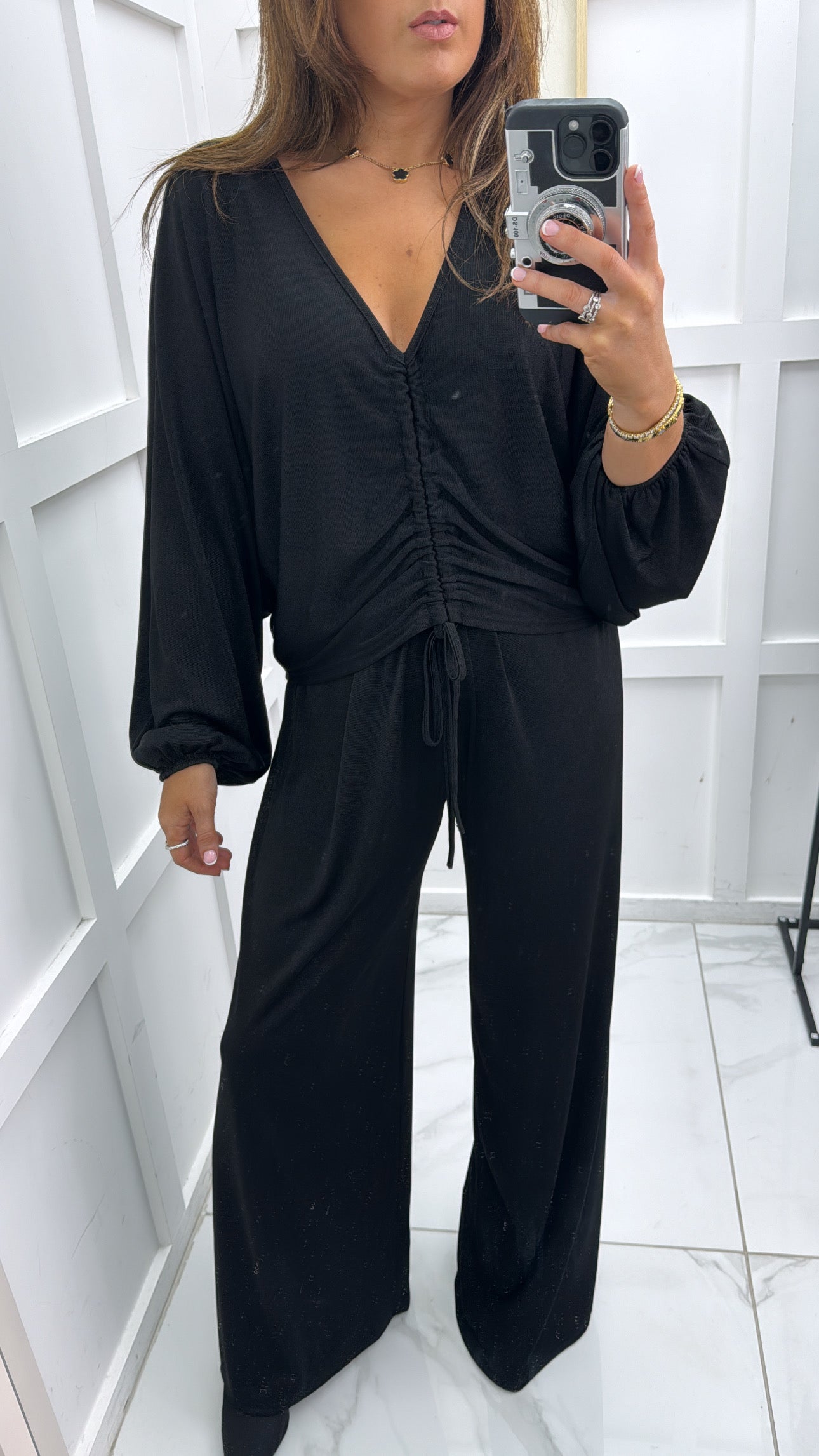 LANA black ruched draped co-ord