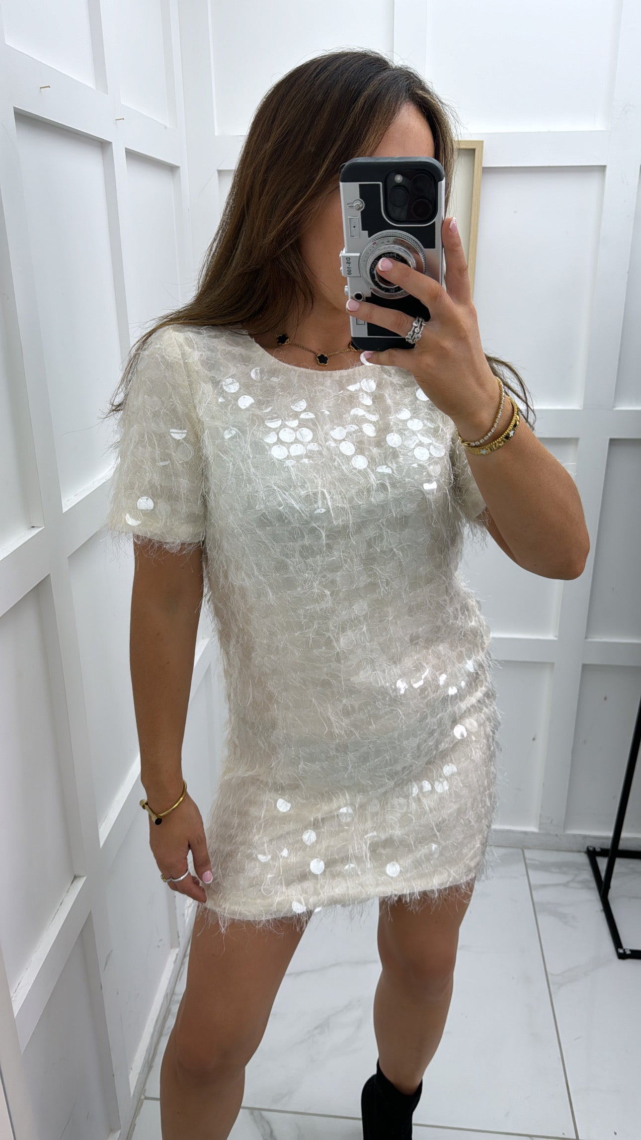 SAMERIA cream feather and disc sequin detail shift dress