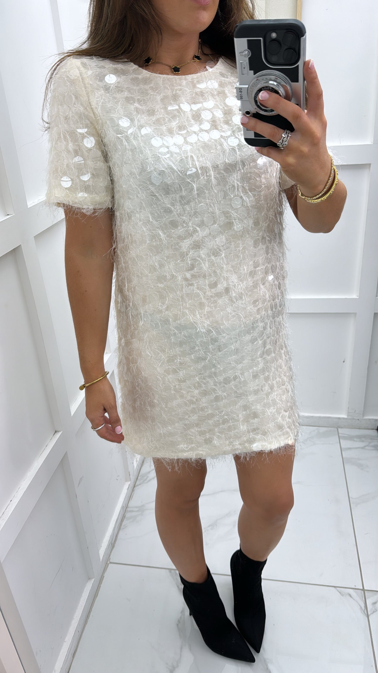 SAMERIA cream feather and disc sequin detail shift dress