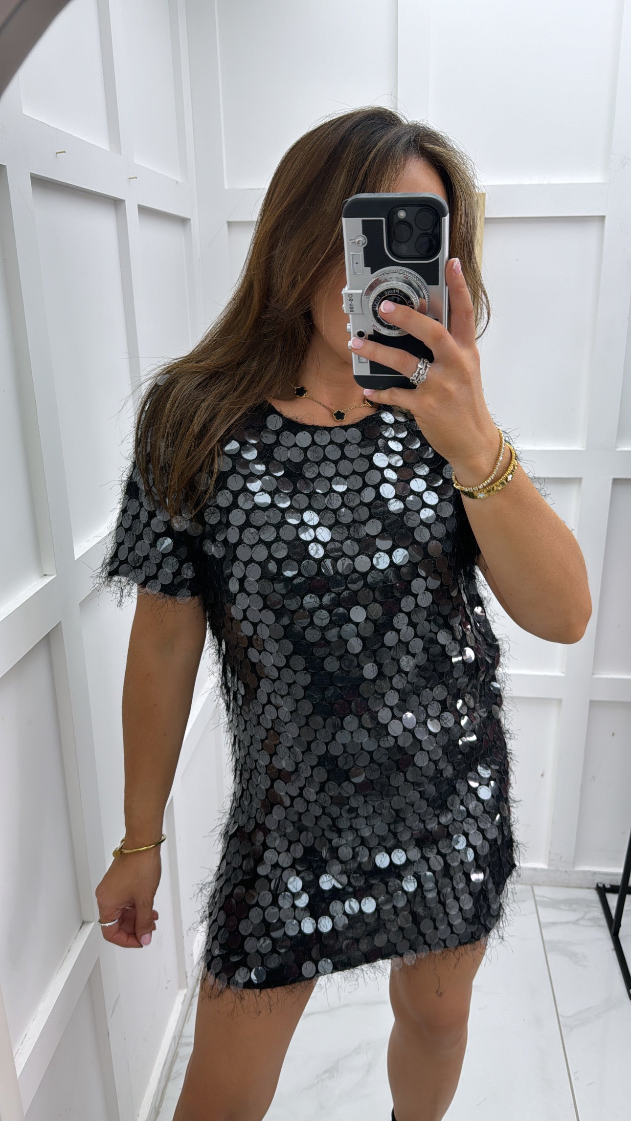 SAMERIA black feather and disc sequin detail shift dress