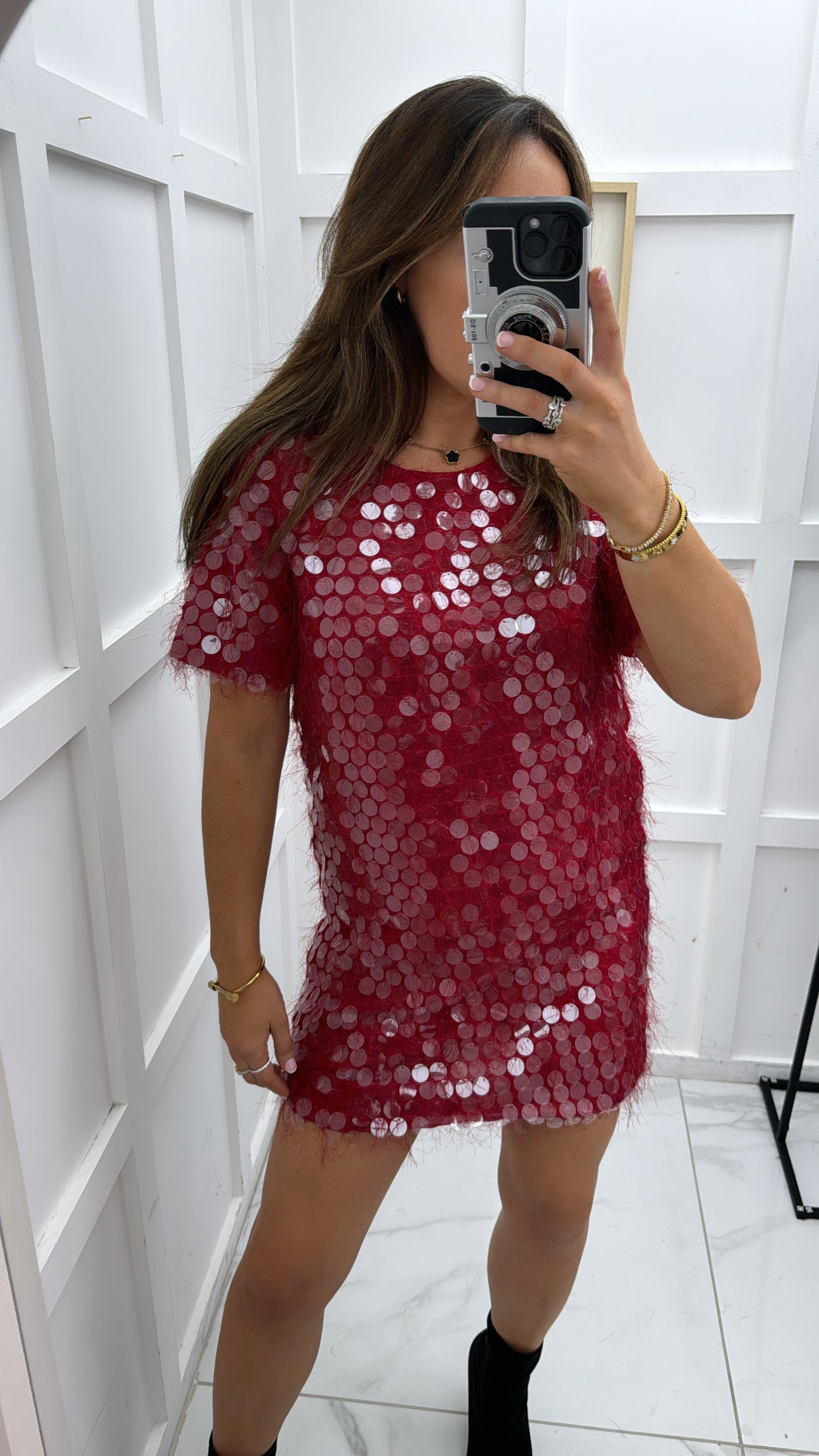 SAMERIA red feather and disc sequin detail shift dress