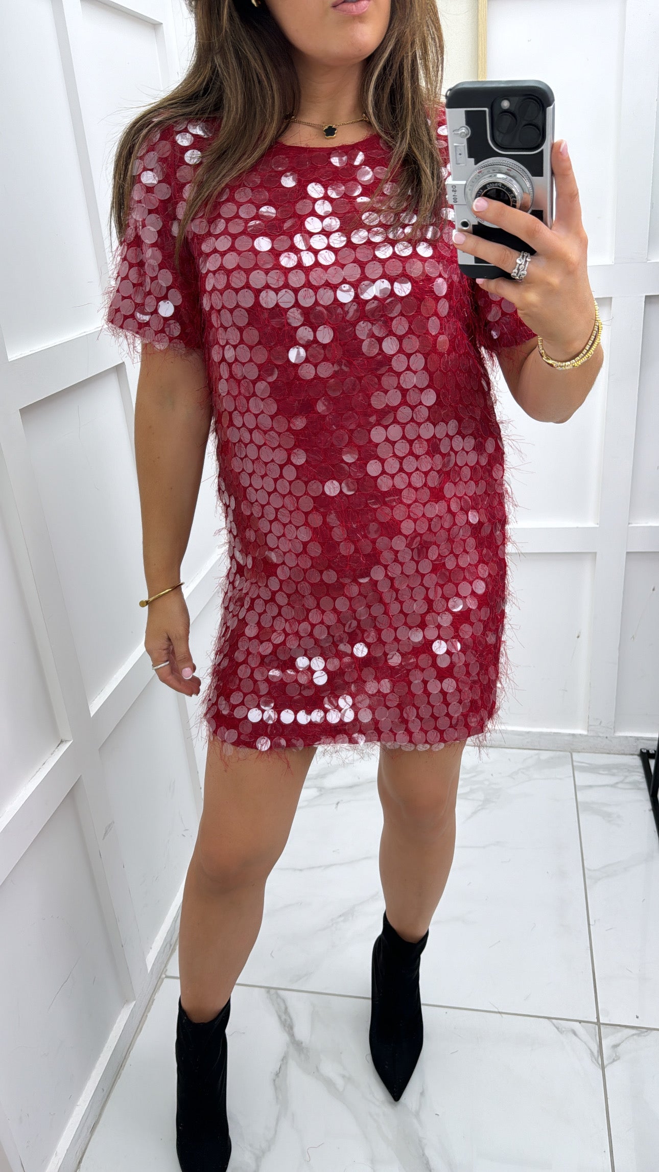 SAMERIA red feather and disc sequin detail shift dress