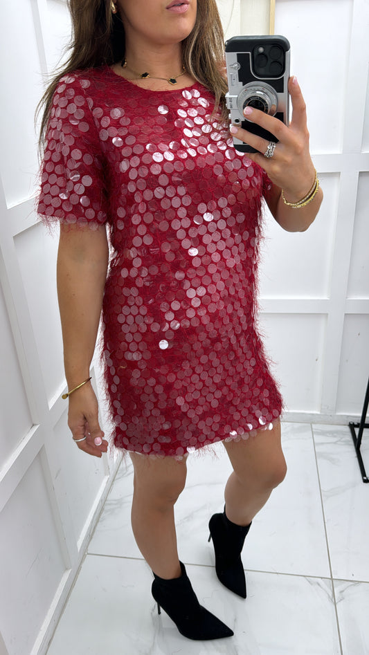 SAMERIA red feather and disc sequin detail shift dress