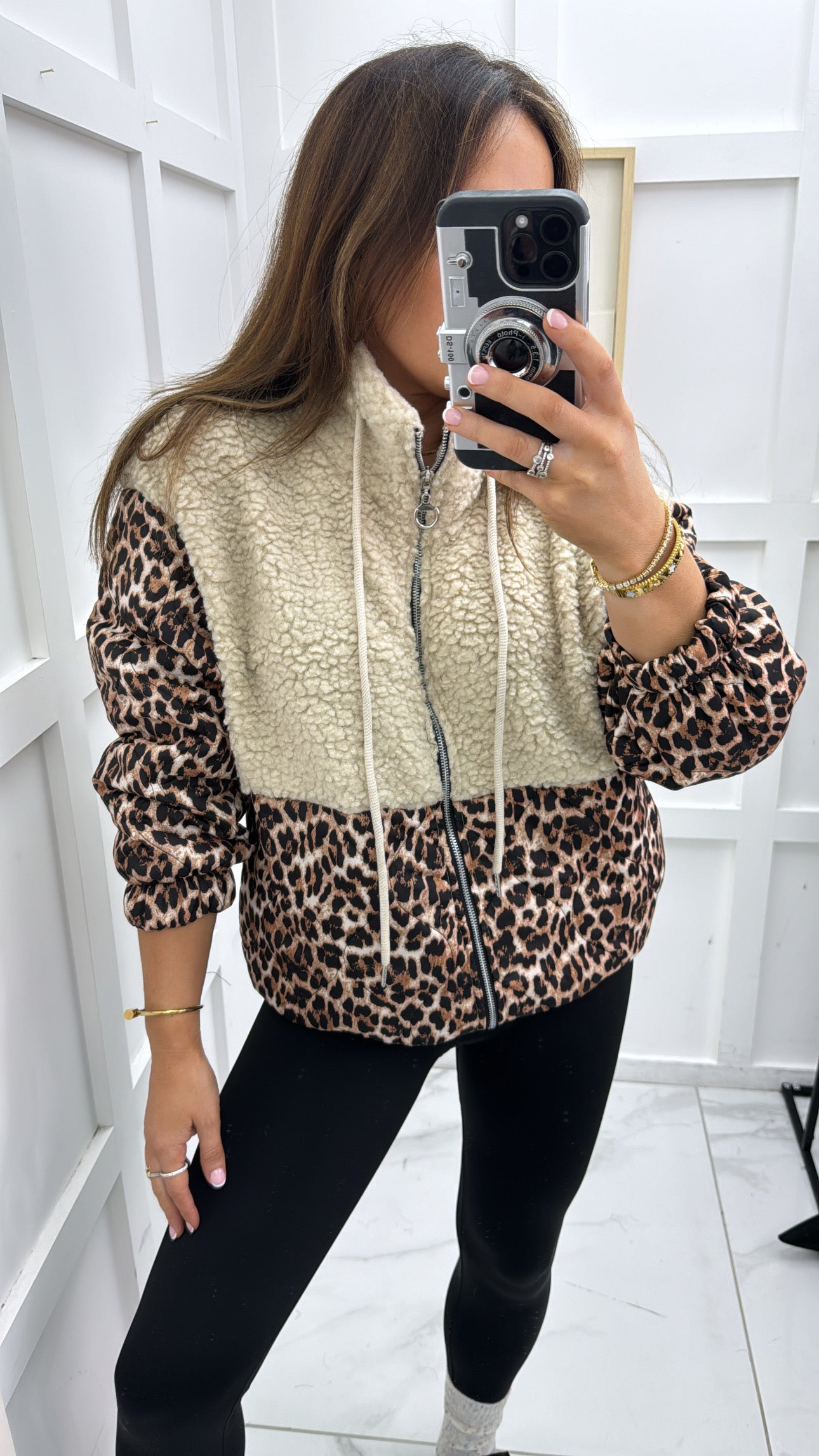 SCARLETT beige teddy & leopard print bomber jacket