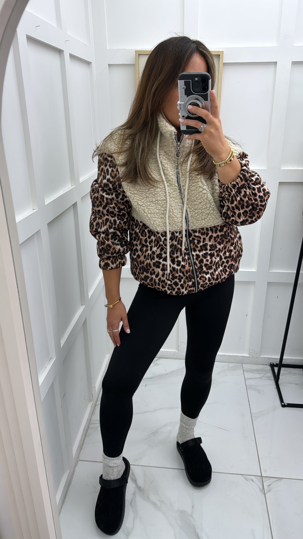 SCARLETT beige teddy & leopard print bomber jacket