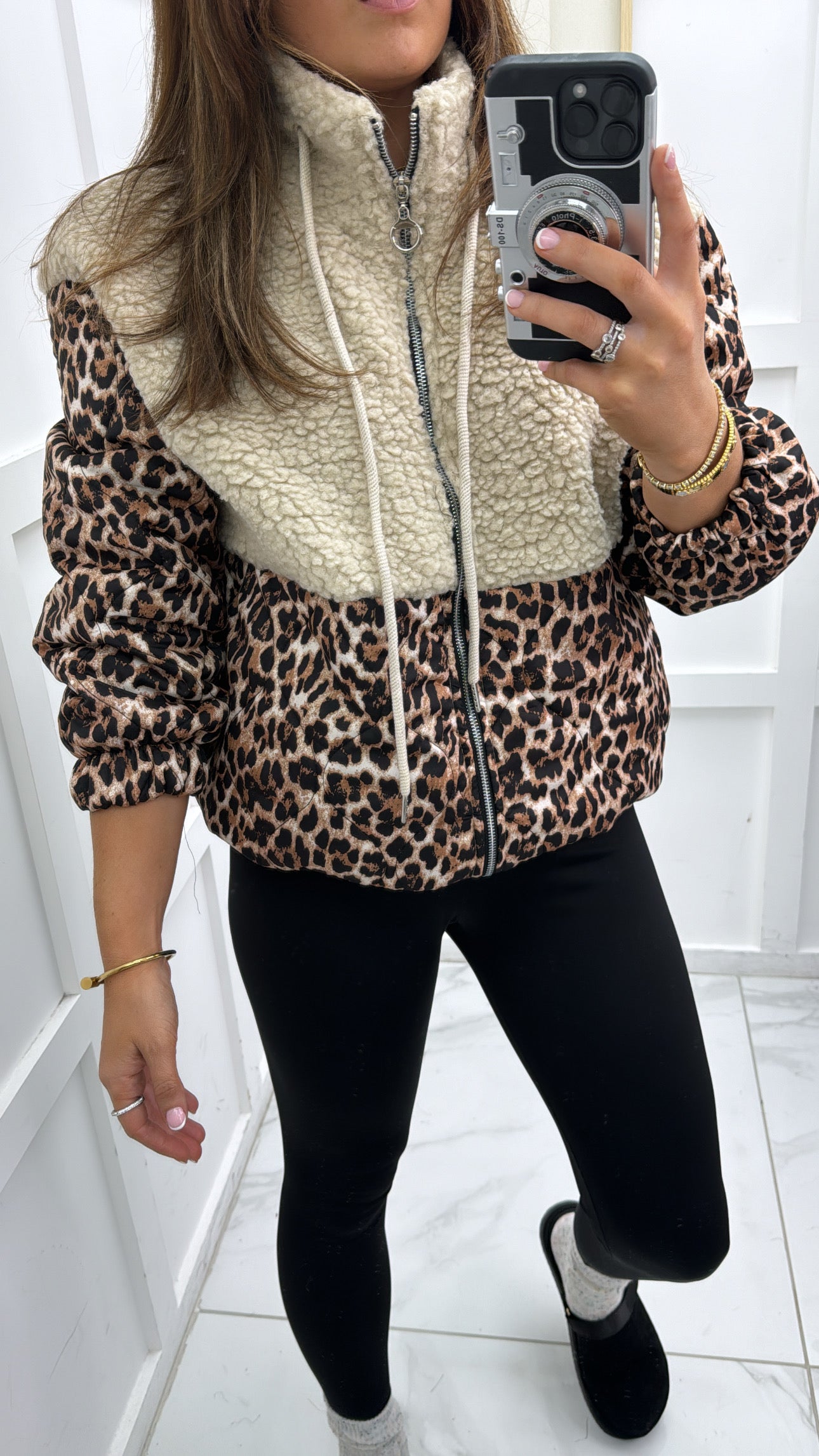 SCARLETT beige teddy & leopard print bomber jacket