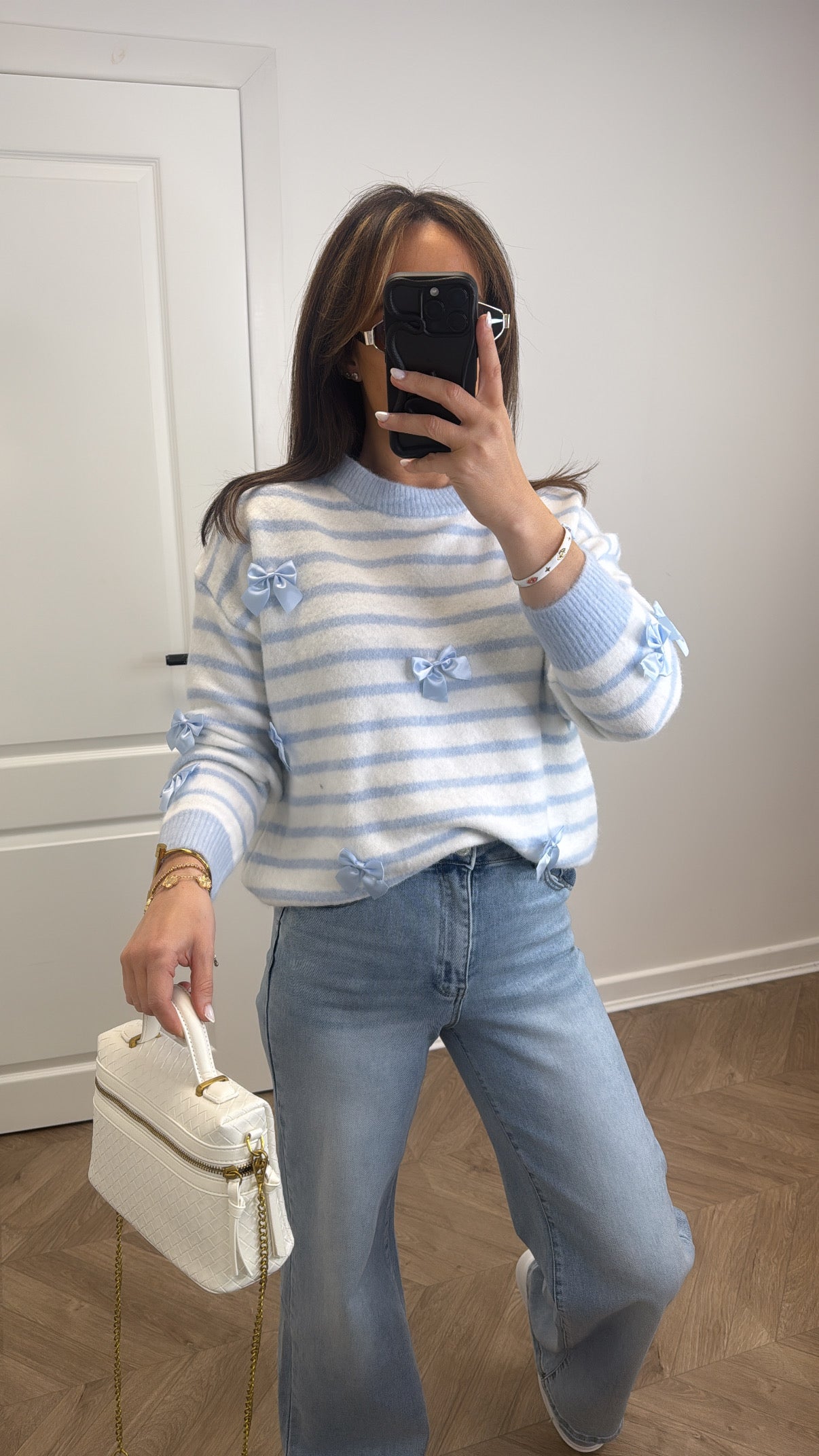 DEMI blue and white soft knit jumper with bows