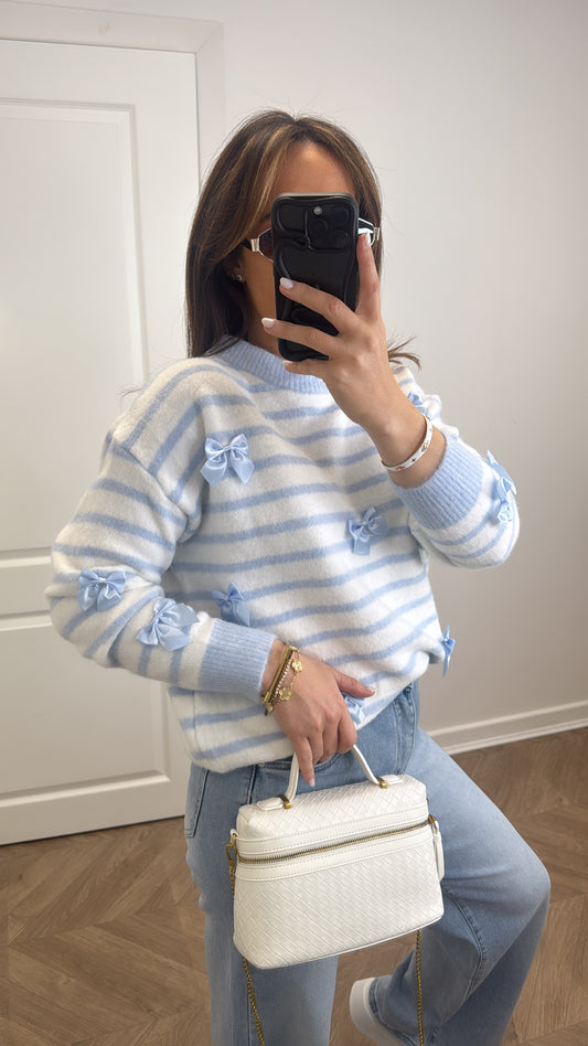 DEMI blue and white soft knit jumper with bows