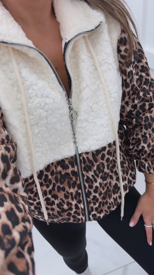 SCARLETT cream teddy & leopard print bomber jacket