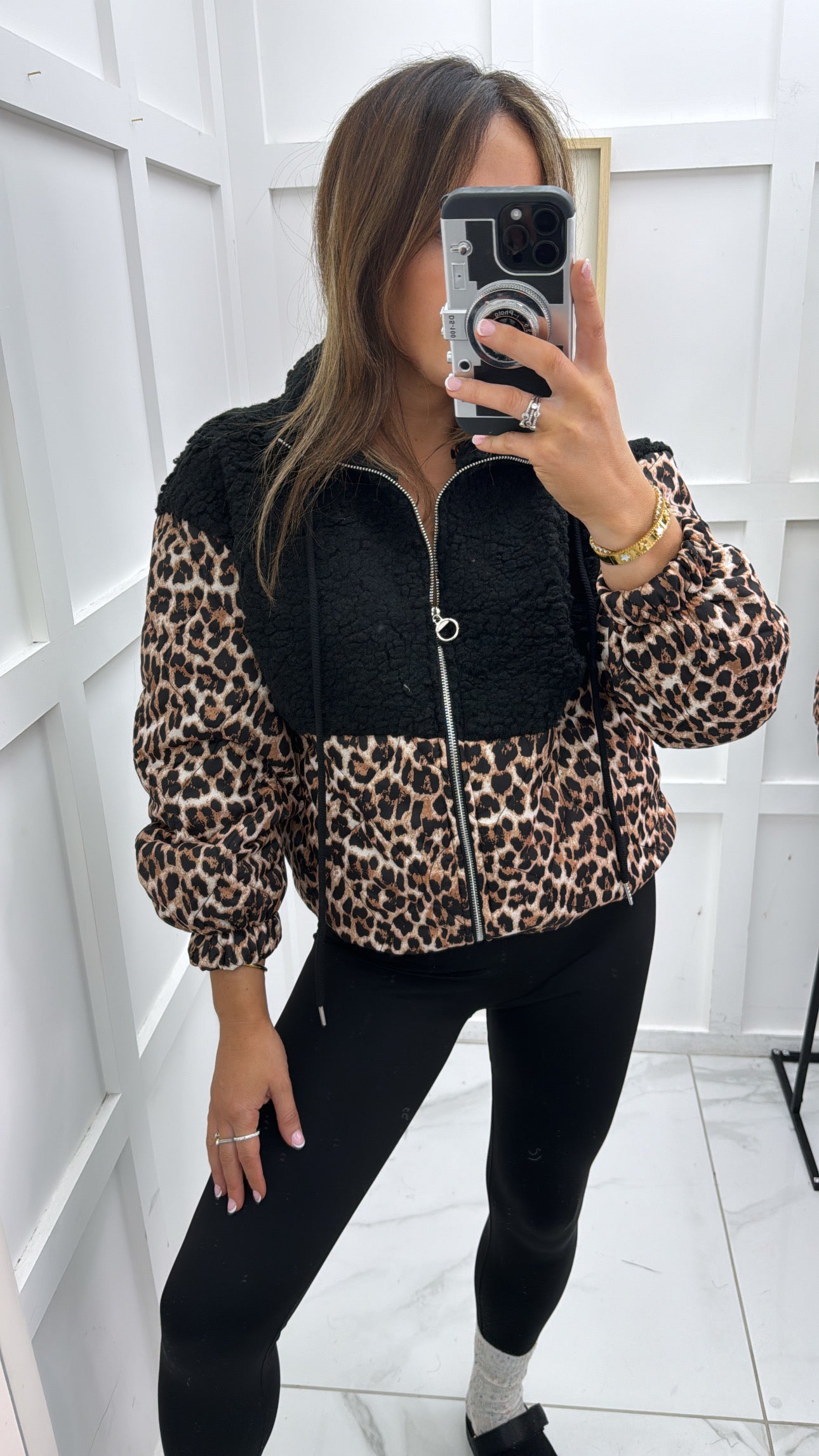 SCARLETT black teddy & leopard print bomber jacket